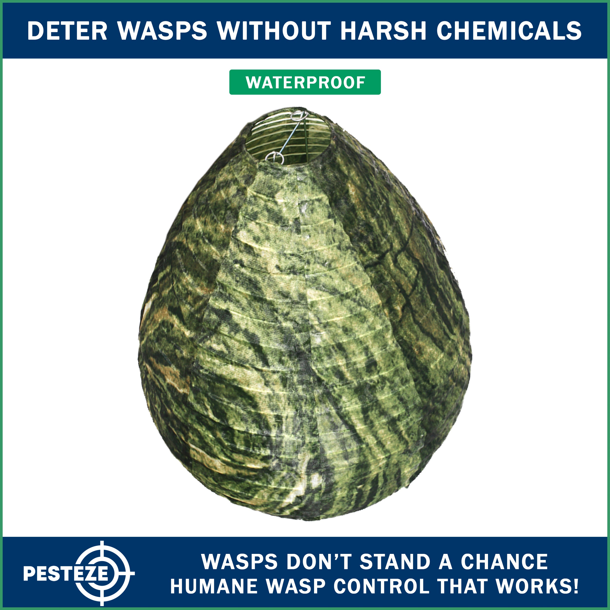 PESTEZE® USA Green Camo Waterproof Hanging Wasp Decoy Nest [11.8 x 8.6 Inch] Deters Several Wasp, Hornet & Yellow Jacket Species by Simulating Enemy Hives.