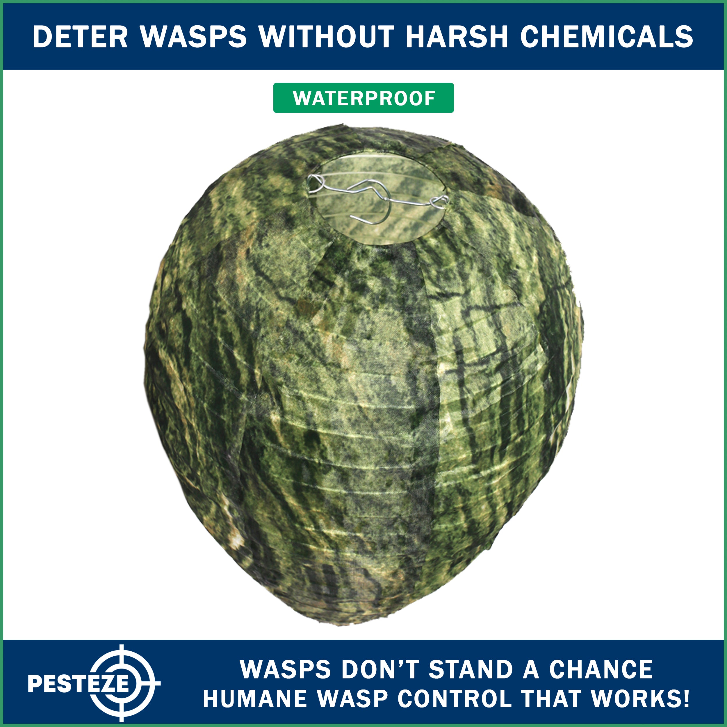PESTEZE® USA Green Camo Waterproof Hanging Wasp Decoy Nest [11.8 x 8.6 Inch] Deters Several Wasp, Hornet & Yellow Jacket Species by Simulating Enemy Hives.