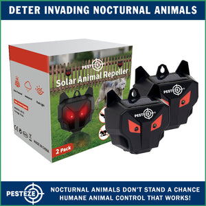 2 Pack PESTEZE® Reusable Solar Nocturnal Animal Repeller. Flickering Red Light Deters Unwanted Animals like Skunk, Deer, Coyote, Fox, Wolf, Rabbit, Raccoon & Birds to Protect Property & Livestock