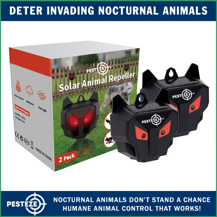 2 Pack PESTEZE® Reusable Solar Nocturnal Animal Repeller. Flickering Red Light Deters Unwanted Animals like Skunk, Deer, Coyote, Fox, Wolf, Rabbit, Raccoon & Birds to Protect Property & Livestock
