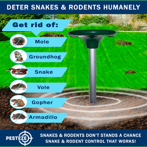 PESTEZE® Solar Snake & Rodent Sound Deterrent. Audible Sound Deters Snakes & Burrowing Rodents like Moles, Voles Gophers, Chipmunks, Groundhogs & Woodchucks from Destroying Gardens & Vegetables