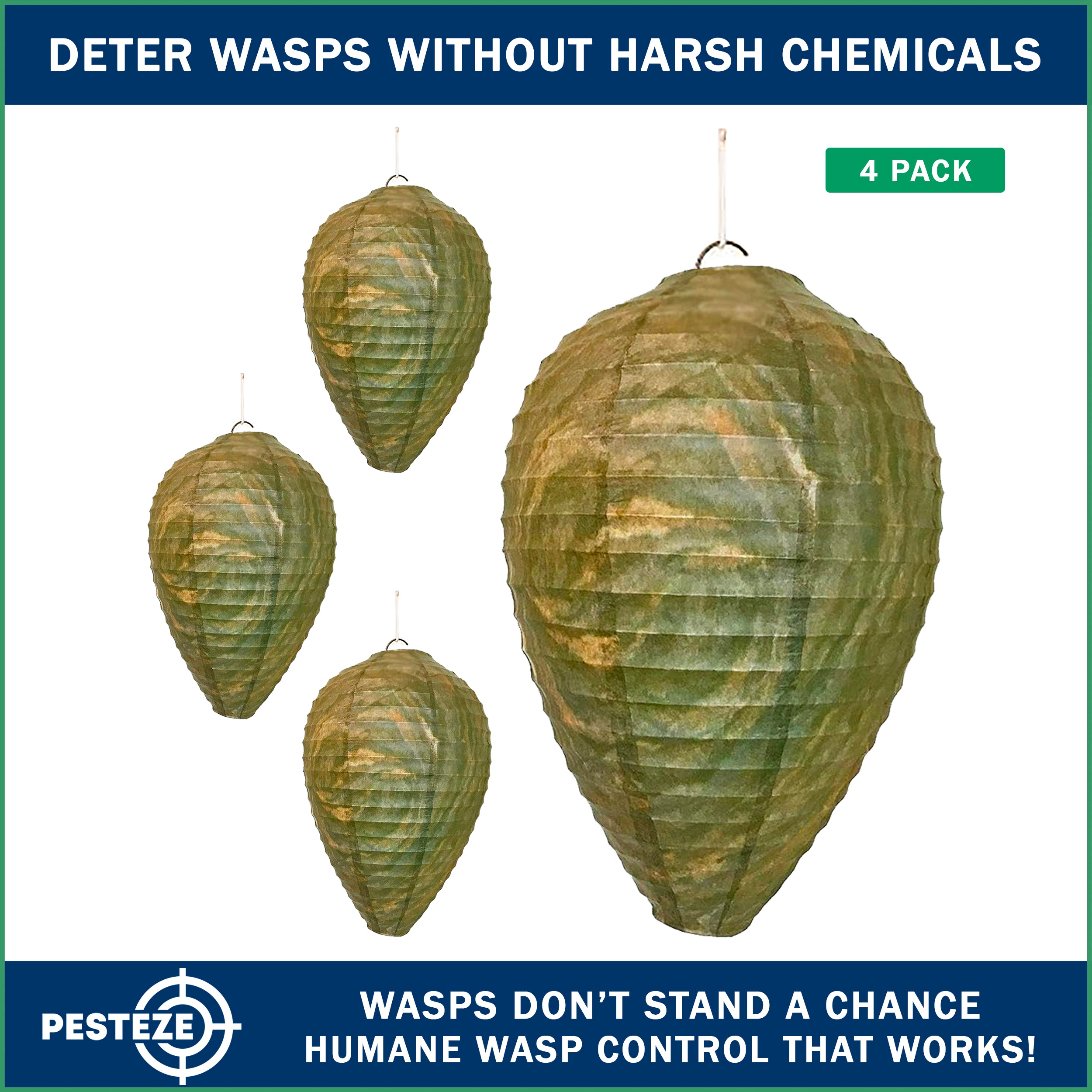 PESTEZE® USA Green Camo Paper Hanging Wasp Decoy Nest [4 Pack] Deters Several Wasp, Hornet & Yellow Jacket Species without Harsh Chemicals by Simulating Enemy Hives.