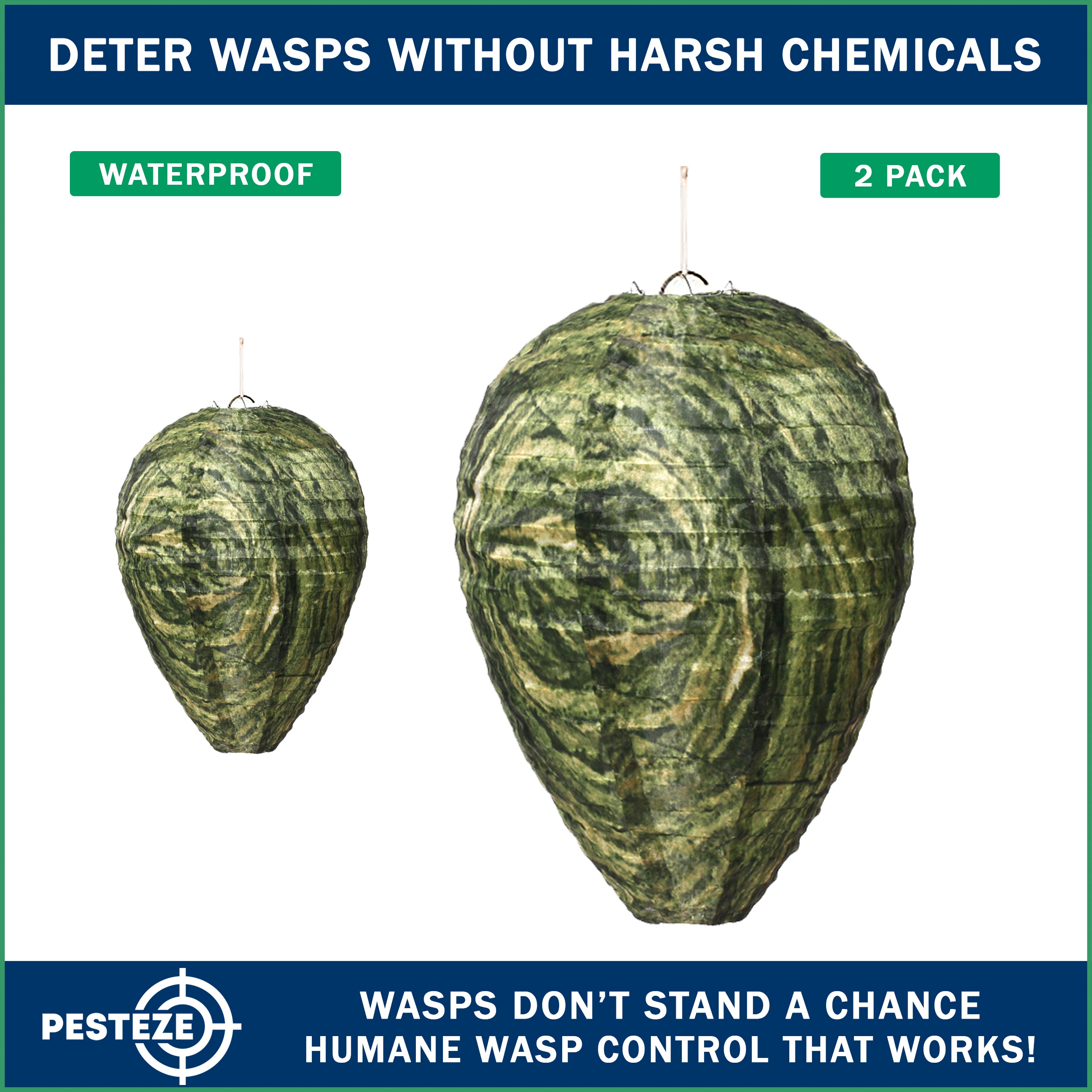 PESTEZE® USA Green Camo Waterproof Hanging Wasp Decoy Nest [2 Pack] Deters Several Wasp, Hornet & Yellow Jacket Species by Simulating Enemy Hives.