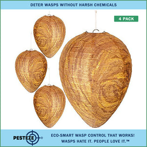 4 Pack PESTEZE® Hanging Wasp Nest Decoy [11.8 x 8.6 Inch] Deters Several  Wasp, Hornet & Yellow Jacket Species without Harsh Chemicals by Simulating Enemy Hives.