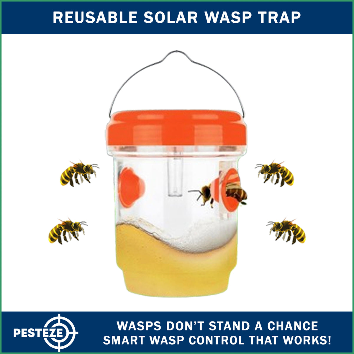 PESTEZE® USA Reusable Solar Hanging Wasp Trap with LED Light [Orange: 3.5 x 4.4 Inch] Attracts, & Kills Wasp, Hornet, Yellow Jacket & Insect Species 24/7 Without Harsh Chemicals Waterproof Outdoor Trap