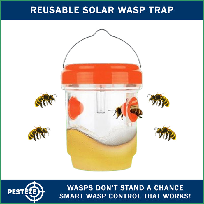 2 Pack PESTEZE® Reusable Solar Hanging Wasp Trap with LED Light [Orange: 3.5 X 4.4 Inch] Attracts, Catches & Kills Wasp, Hornet, Yellow Jacket & Insect Species 24/7 without Harsh Chemicals. Waterproof