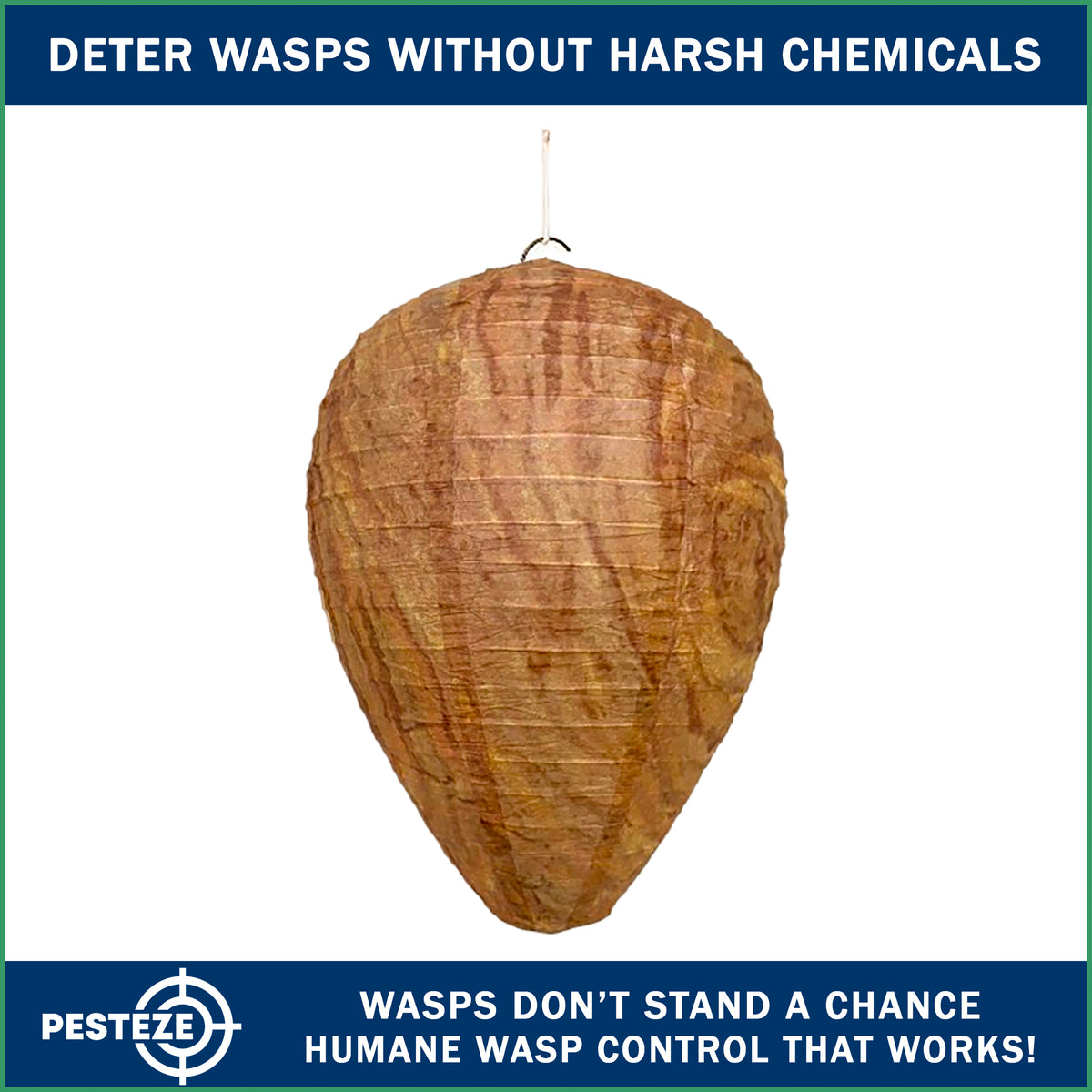 PESTEZE® USA Premium Hanging Wasp Nest Decoy [11.8 x 8.6 Inch] — Faux Hornet Hive Deterrent Helps Deter Wasps, Hornets& Yellow Jacket Species Outdoors by Simulating Rival Hives Without Harsh Chemicals