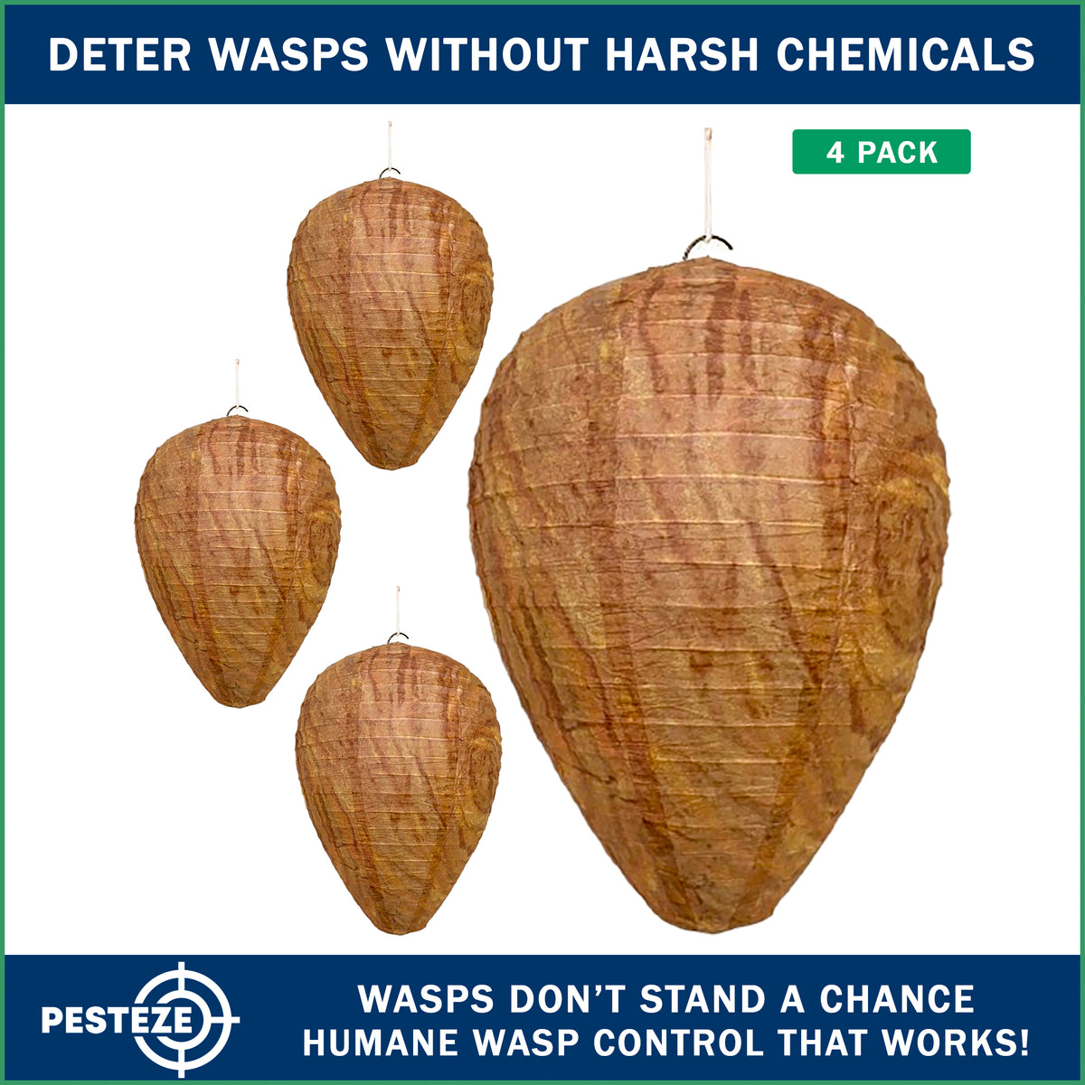 PESTEZE® USA 4 Pack Hanging Wasp Nest Decoy [11.8 x 8.6 Inch] – Faux Wasp, Hornet and Yellow Jacket Deterrent for Outdoor Use. Simulated Rival Hives Help Prevent New Nests Without any Harsh Chemicals