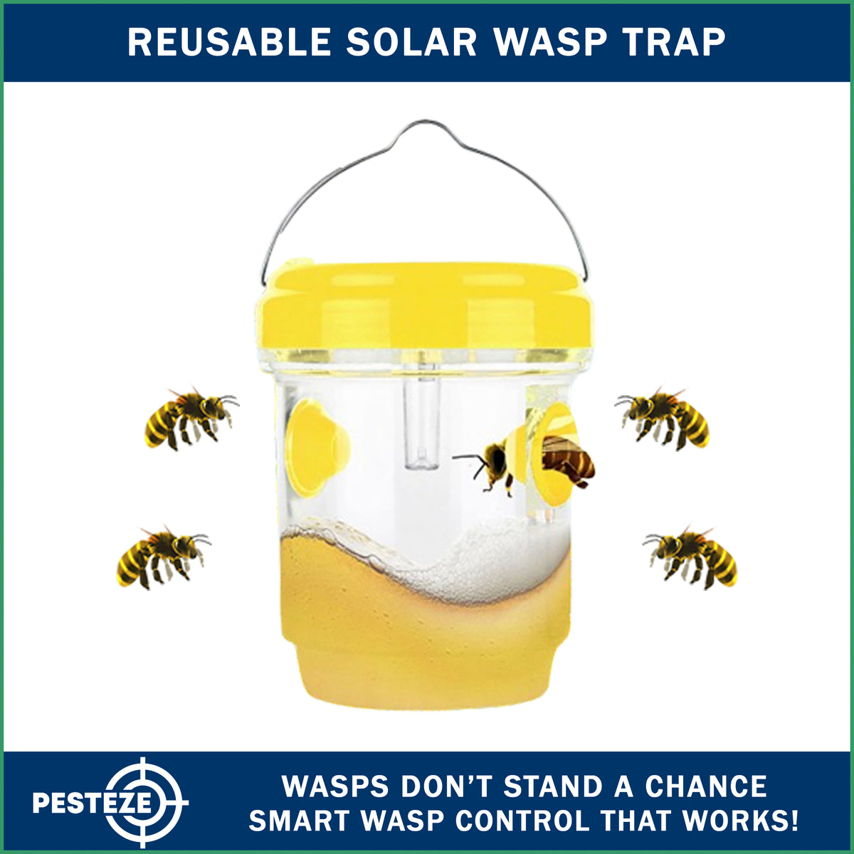 PESTEZE® USA Reusable Solar Hanging Wasp Trap with LED Light [Yellow: 3.5 x 4.4 Inch] Attracts, & Kills Wasp, Hornet, Yellow Jacket & Insect Species 24/7 Without Harsh Chemicals Waterproof Outdoor Trap