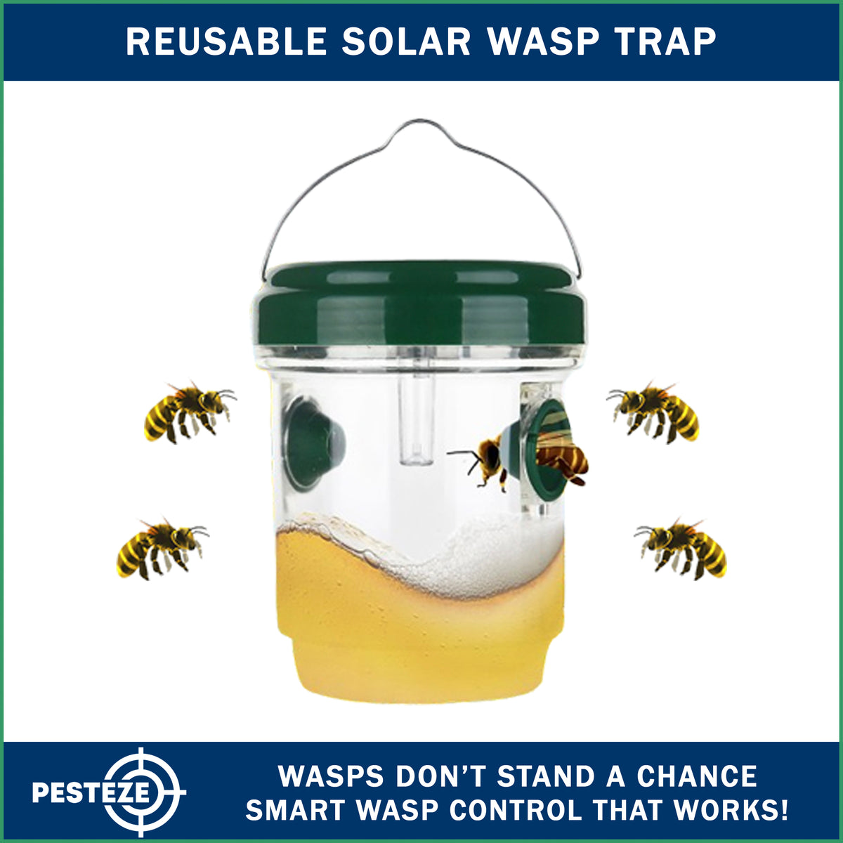 PESTEZE® USA Reusable Solar Hanging Wasp Trap with LED Light [Green: 3.5 x 4.4 Inch] Attracts, & Kills Wasp, Hornet, Yellow Jacket & Insect Species 24/7 Without Harsh Chemicals– Waterproof Outdoor Trap