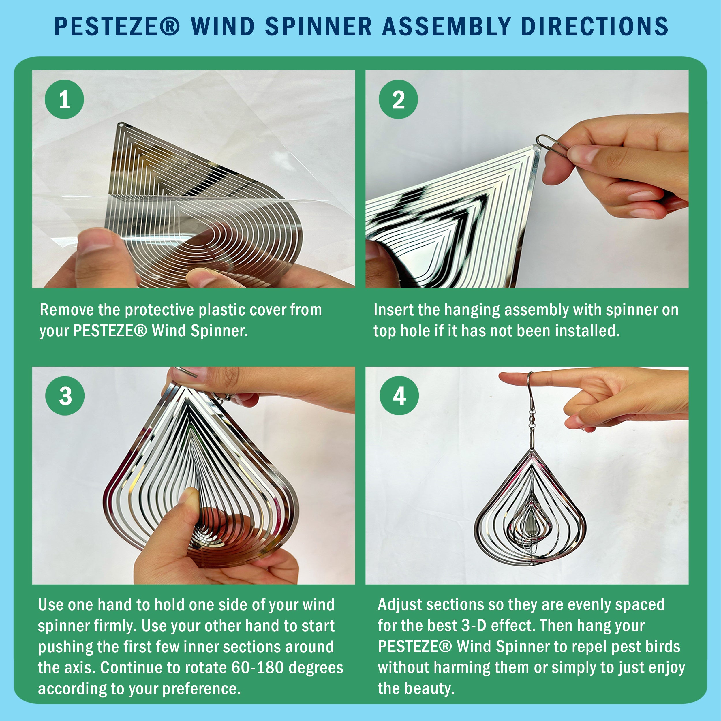 3 Piece PESTEZE® Water Droplet Stainless Steel Highly Reflective Decorative 3D Wind Spinner for Repelling Unwanted Birds & Critters. 2.5 X 12.5 Inch Premium Shiny, Attractive, Everlasting & Sturdy Bird Deterrent