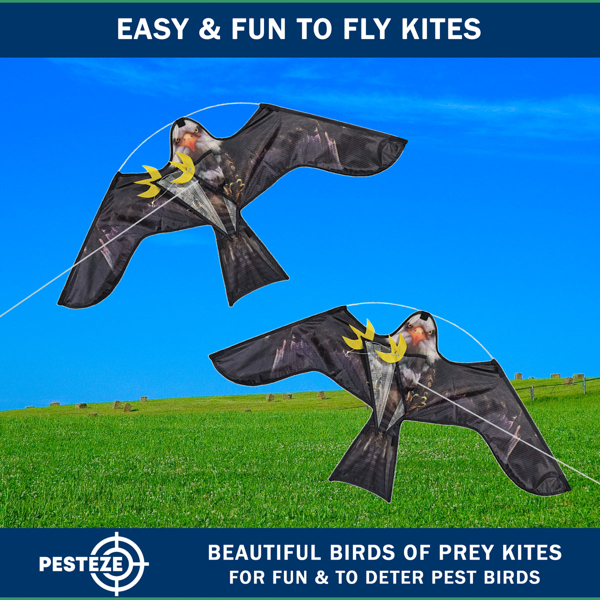 PESTEZE® USA Premium Realistic Eagle Kite with String- 47x27 Inch. EZ & Fun to Fly. Provides Humane Pest Bird Deterrence in Yards & Farms. Protects Vegetables, Fruits & Crops
