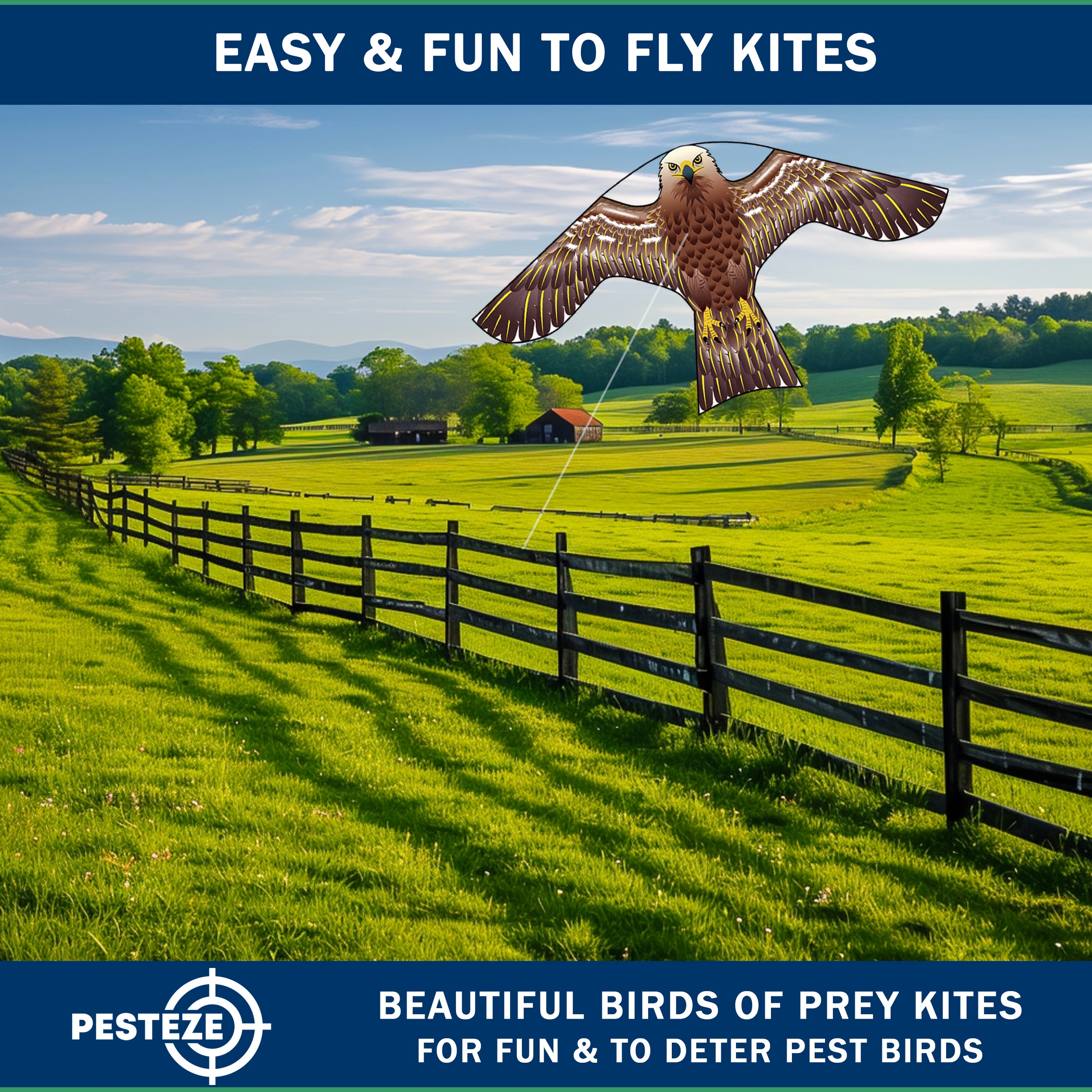 PESTEZE® USA Hawk Kite [47x27 Inch] EZ & Fun to Fly. Also Provides Humane Bird Deterrence in Yards & Farms. Protects Vegetables, Fruits & Crops from Pest Birds & Critters