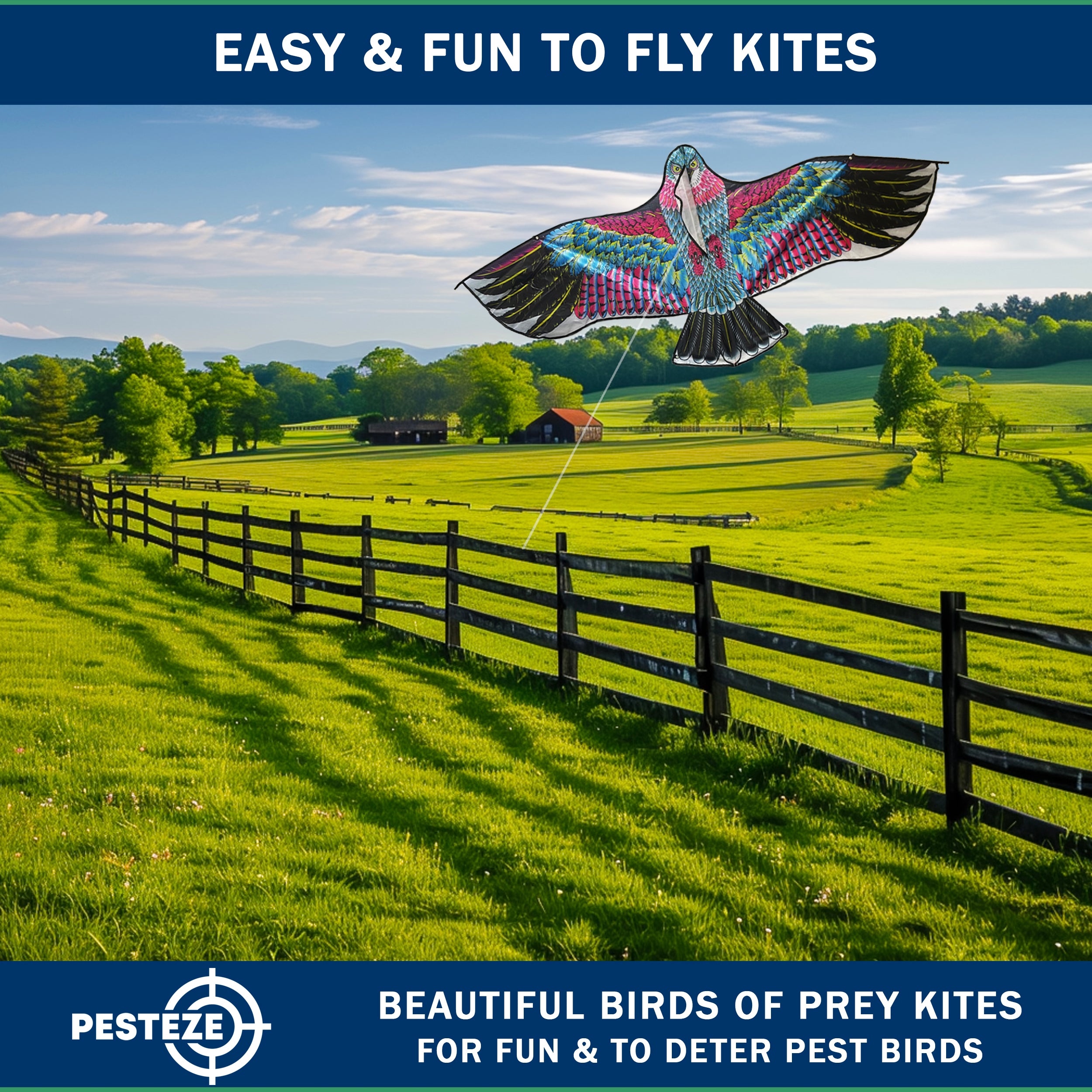 PESTEZE® USA Huge Eagle Kite [2 Pack- 60x28 Inch]. EZ & Fun to Fly. Also provides Humane Bird Deterrence in Yards & Farms. Protects Vegetables, Fruits & Crops from Pest Birds
