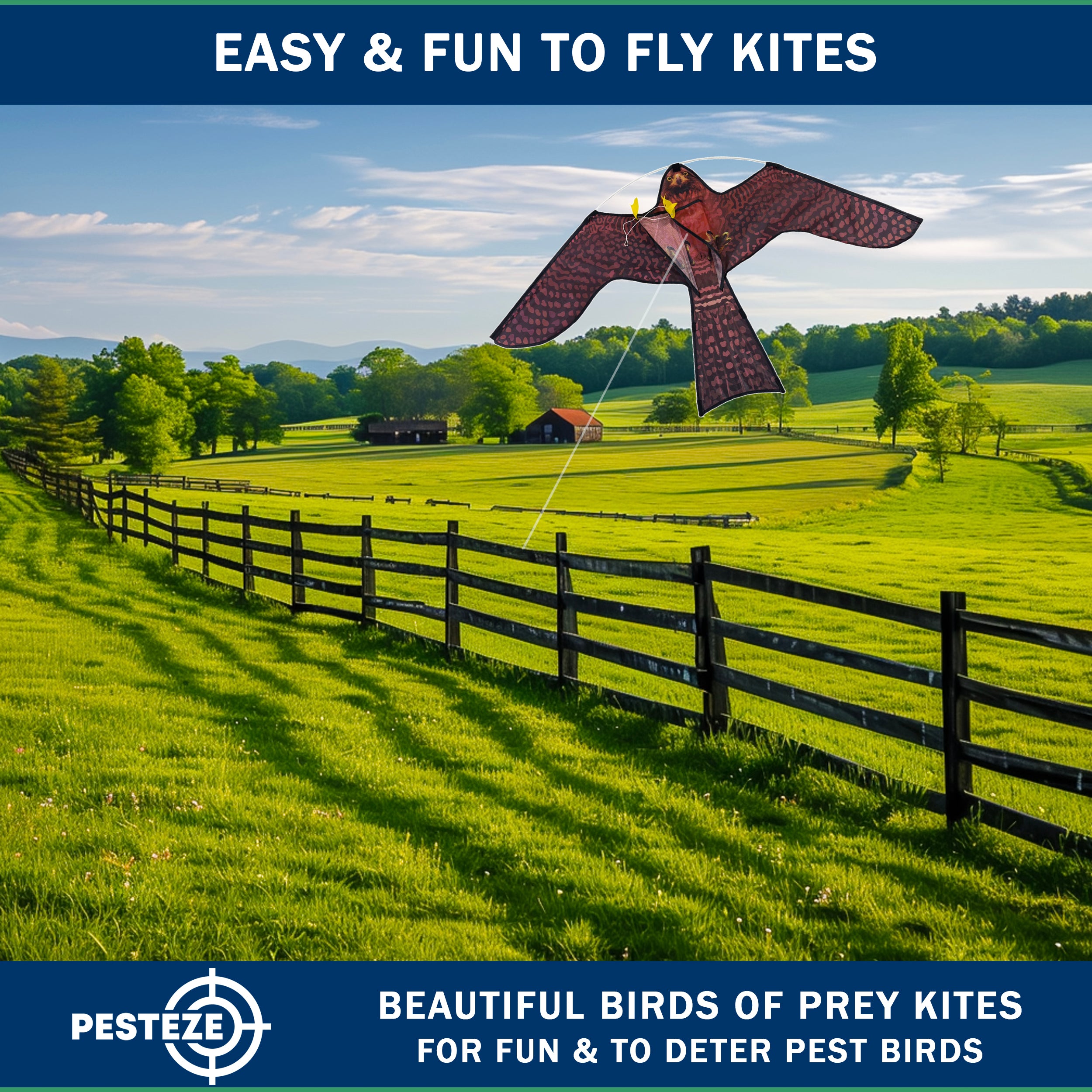 PESTEZE® USA Realistic Hawk Kite [47x27 Inch] EZ & Fun to Fly. Also Provides Humane Bird Deterrence in Yards & Farms. Protects Vegetables, Fruits & Crops from Pest Birds & Critters