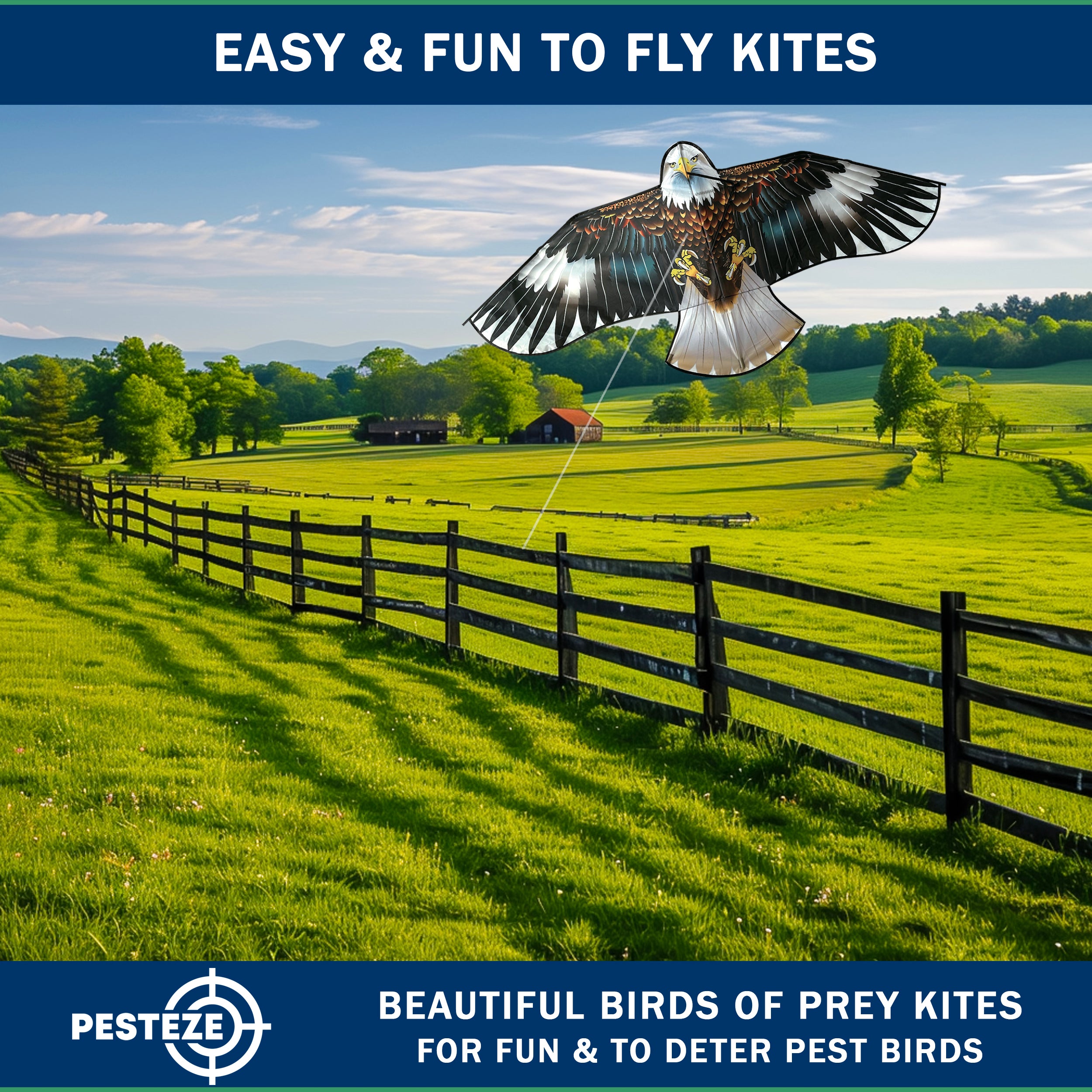 PESTEZE® USA Huge Blue Eagle Kite [2 Pack - 63x29 Inch]. EZ & Fun to Fly. Provides Humane Bird Deterrence in Yards & Farms. Protects Vegetables, Fruits & Crops from Pest Birds