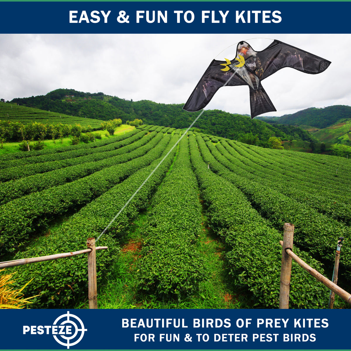 PESTEZE® USA Premium Realistic Eagle Kite with String- 47x27 Inch. EZ & Fun to Fly. Provides Humane Pest Bird Deterrence in Yards & Farms. Protects Vegetables, Fruits & Crops