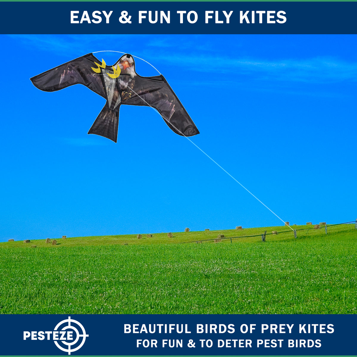 PESTEZE® USA Premium Realistic Eagle Kite with String- 47x27 Inch. EZ & Fun to Fly. Provides Humane Pest Bird Deterrence in Yards & Farms. Protects Vegetables, Fruits & Crops