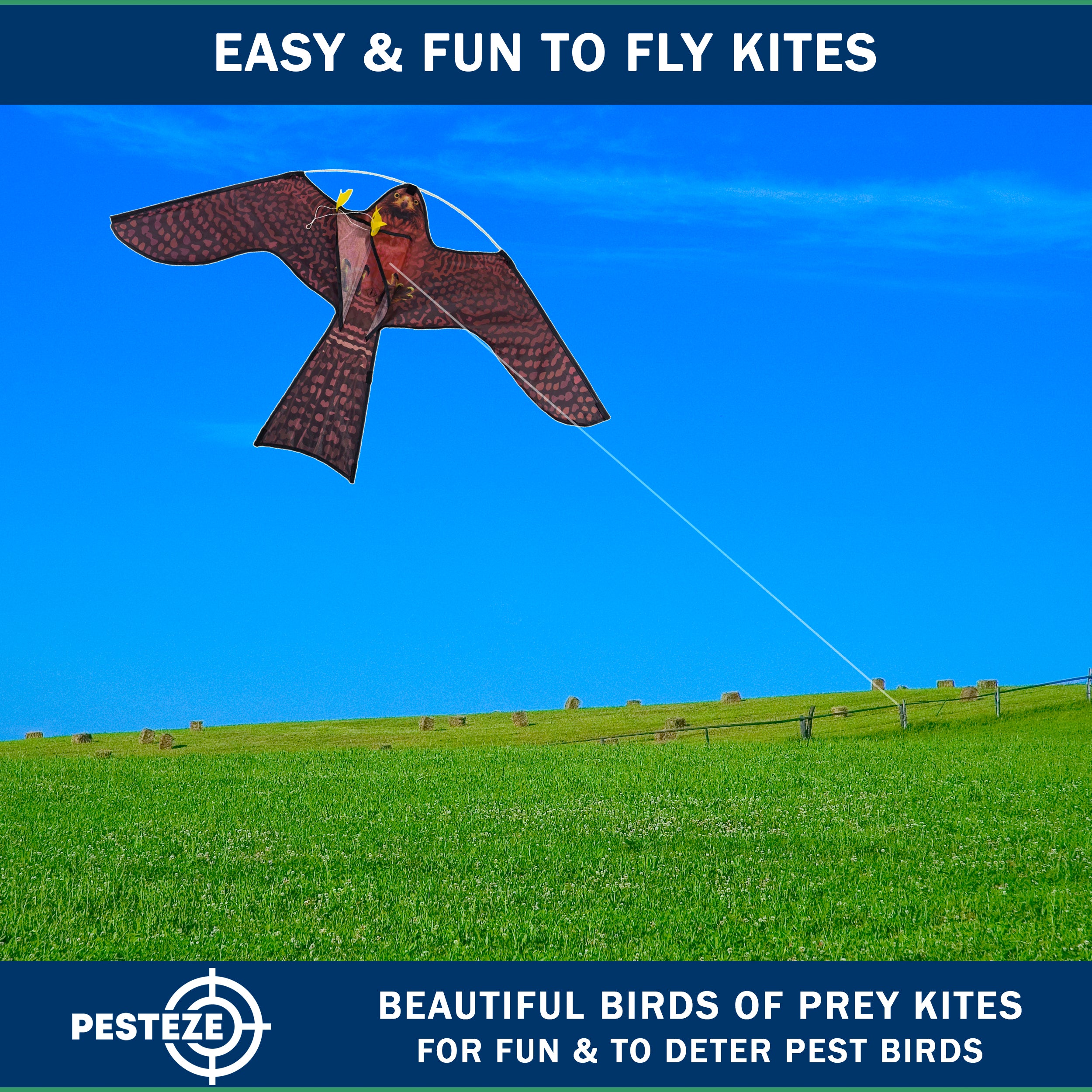 PESTEZE® USA Realistic Hawk Kite [47x27 Inch] EZ & Fun to Fly. Also Provides Humane Bird Deterrence in Yards & Farms. Protects Vegetables, Fruits & Crops from Pest Birds & Critters