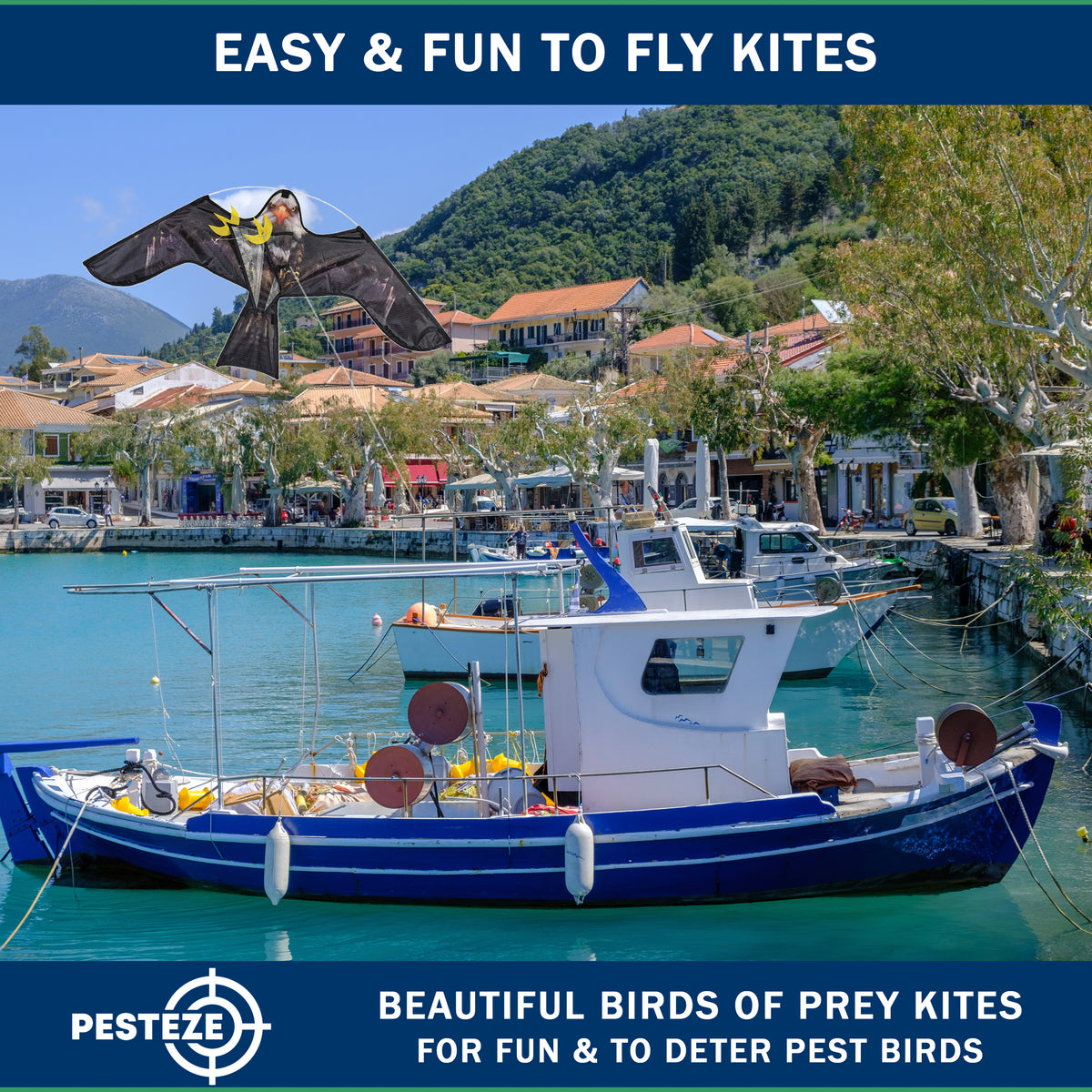 PESTEZE® USA Premium Realistic Eagle Kite with String- 47x27 Inch. EZ & Fun to Fly. Provides Humane Pest Bird Deterrence in Yards & Farms. Protects Vegetables, Fruits & Crops