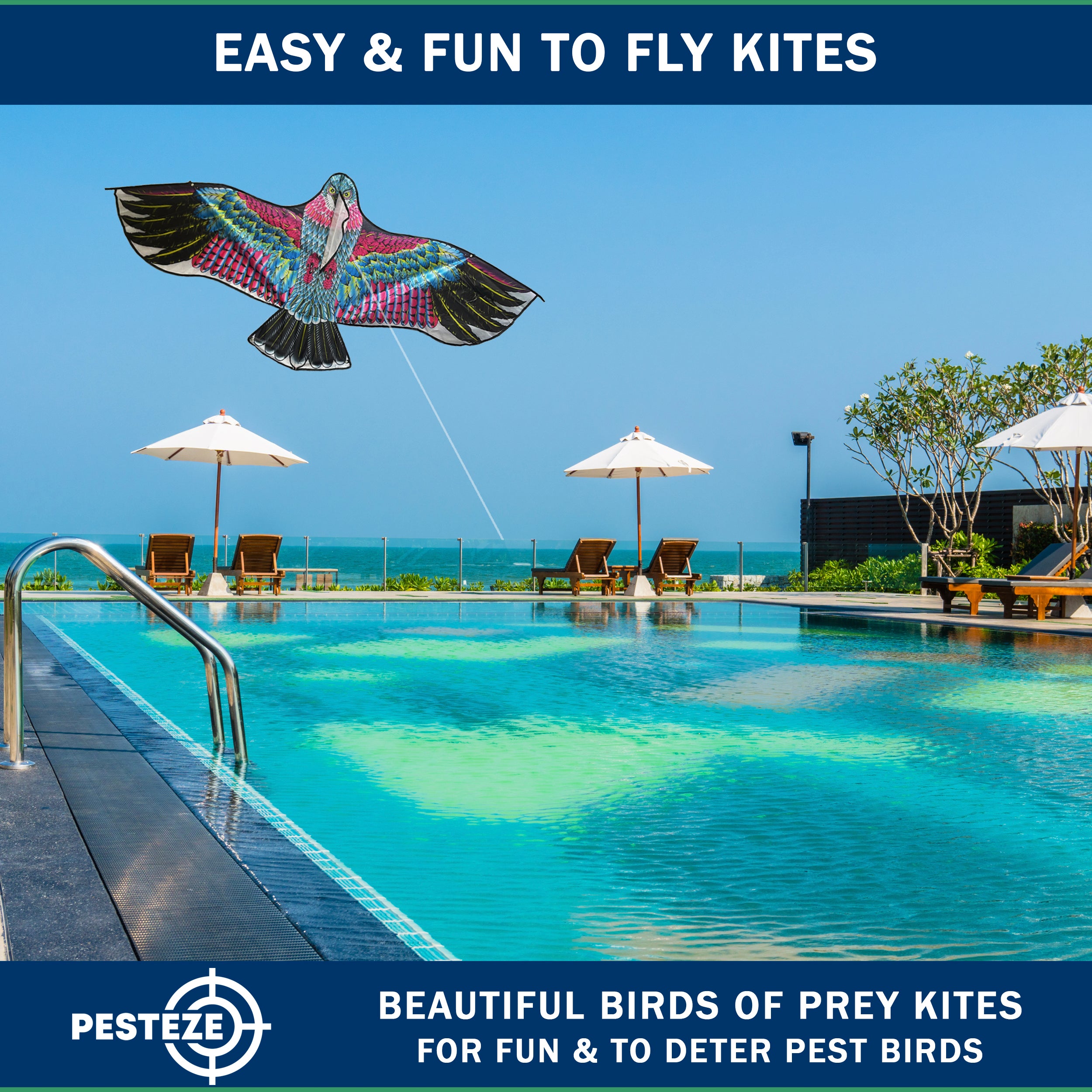 PESTEZE® USA Huge Eagle Kite [2 Pack- 60x28 Inch]. EZ & Fun to Fly. Also provides Humane Bird Deterrence in Yards & Farms. Protects Vegetables, Fruits & Crops from Pest Birds