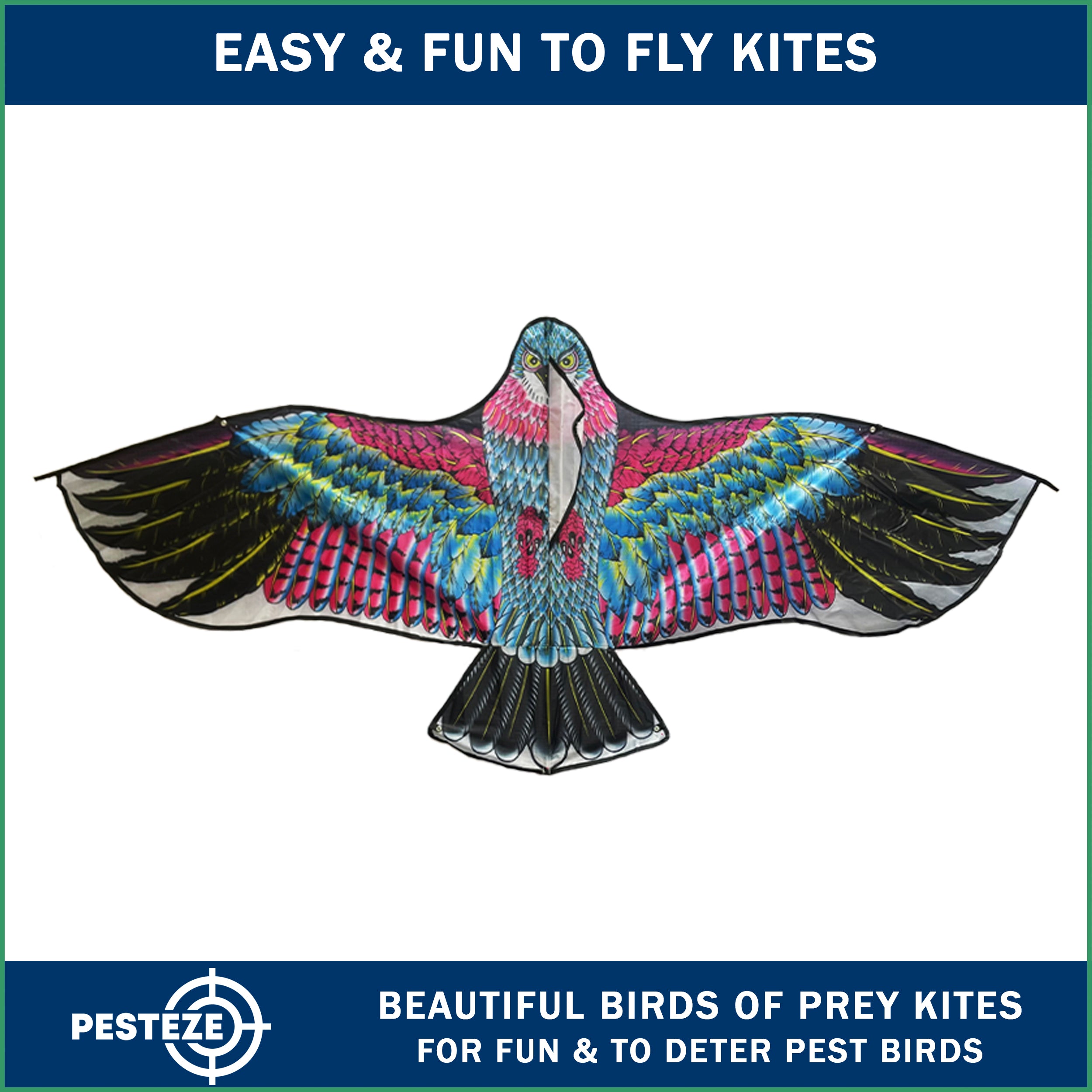 PESTEZE® USA Huge Eagle Kite [2 Pack- 60x28 Inch]. EZ & Fun to Fly. Also provides Humane Bird Deterrence in Yards & Farms. Protects Vegetables, Fruits & Crops from Pest Birds