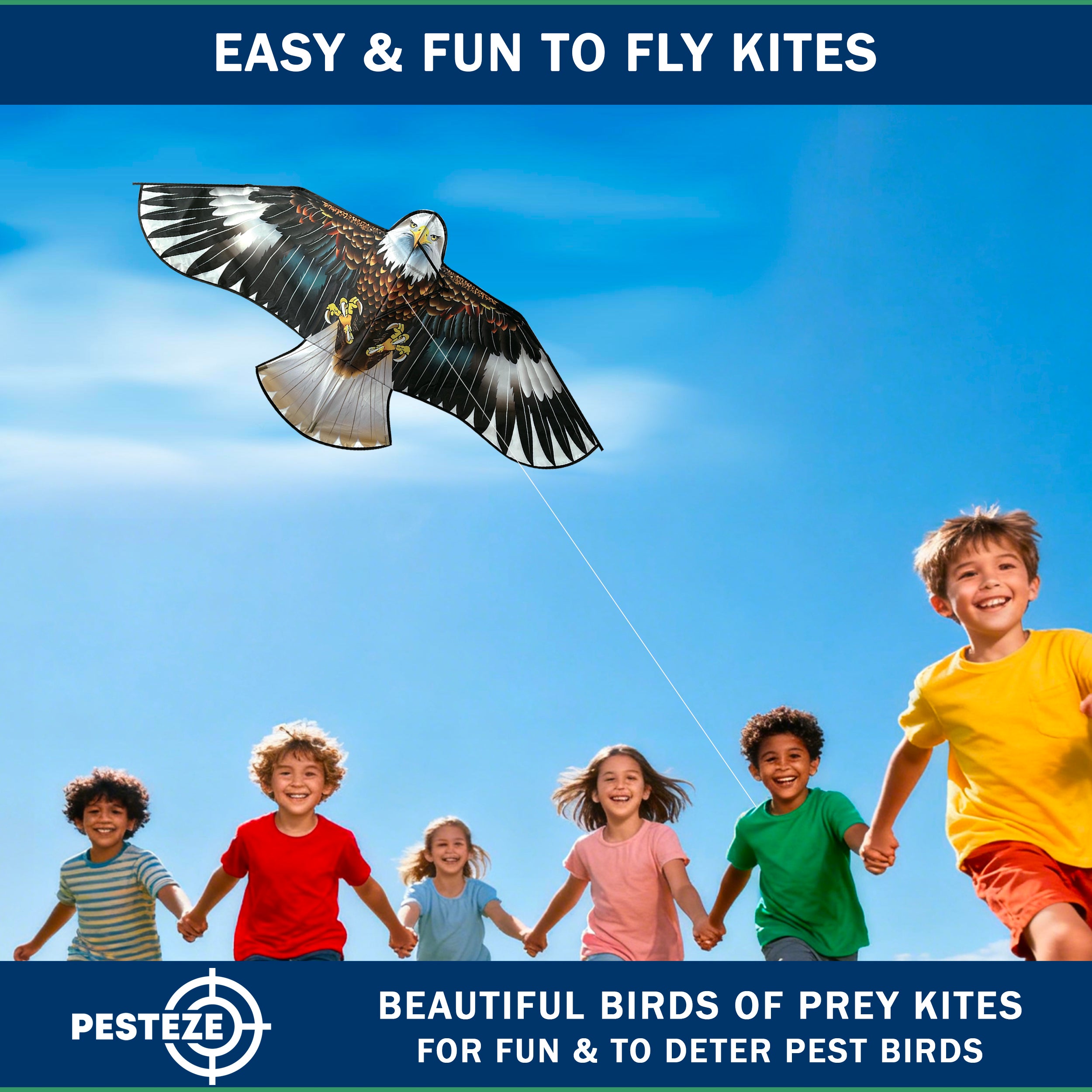 PESTEZE® USA Huge Blue Eagle Kite [2 Pack - 63x29 Inch]. EZ & Fun to Fly. Provides Humane Bird Deterrence in Yards & Farms. Protects Vegetables, Fruits & Crops from Pest Birds