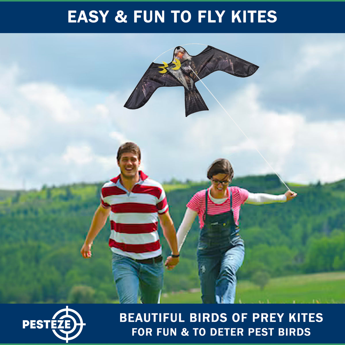 PESTEZE® USA Premium Realistic Eagle Kite with String- 47x27 Inch. EZ & Fun to Fly. Provides Humane Pest Bird Deterrence in Yards & Farms. Protects Vegetables, Fruits & Crops