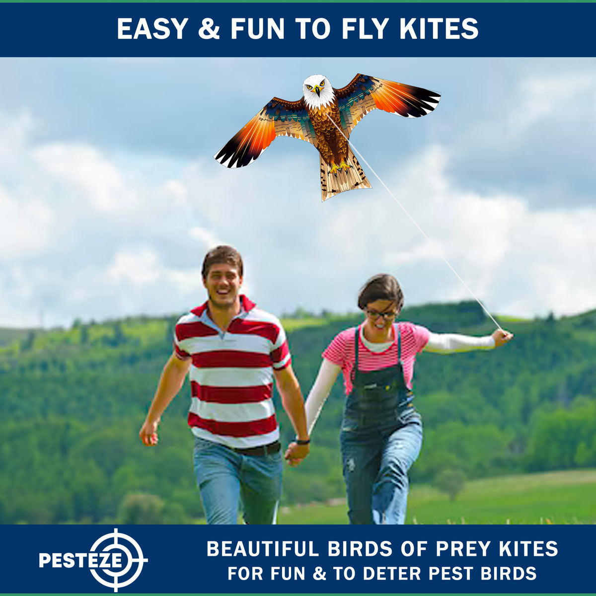 PESTEZE® USA Brown Eagle EZ to Fly Kite with String for Beach, Park & Yard. Also Bird Deterrent to Protect Garden & Crops from Pest Birds