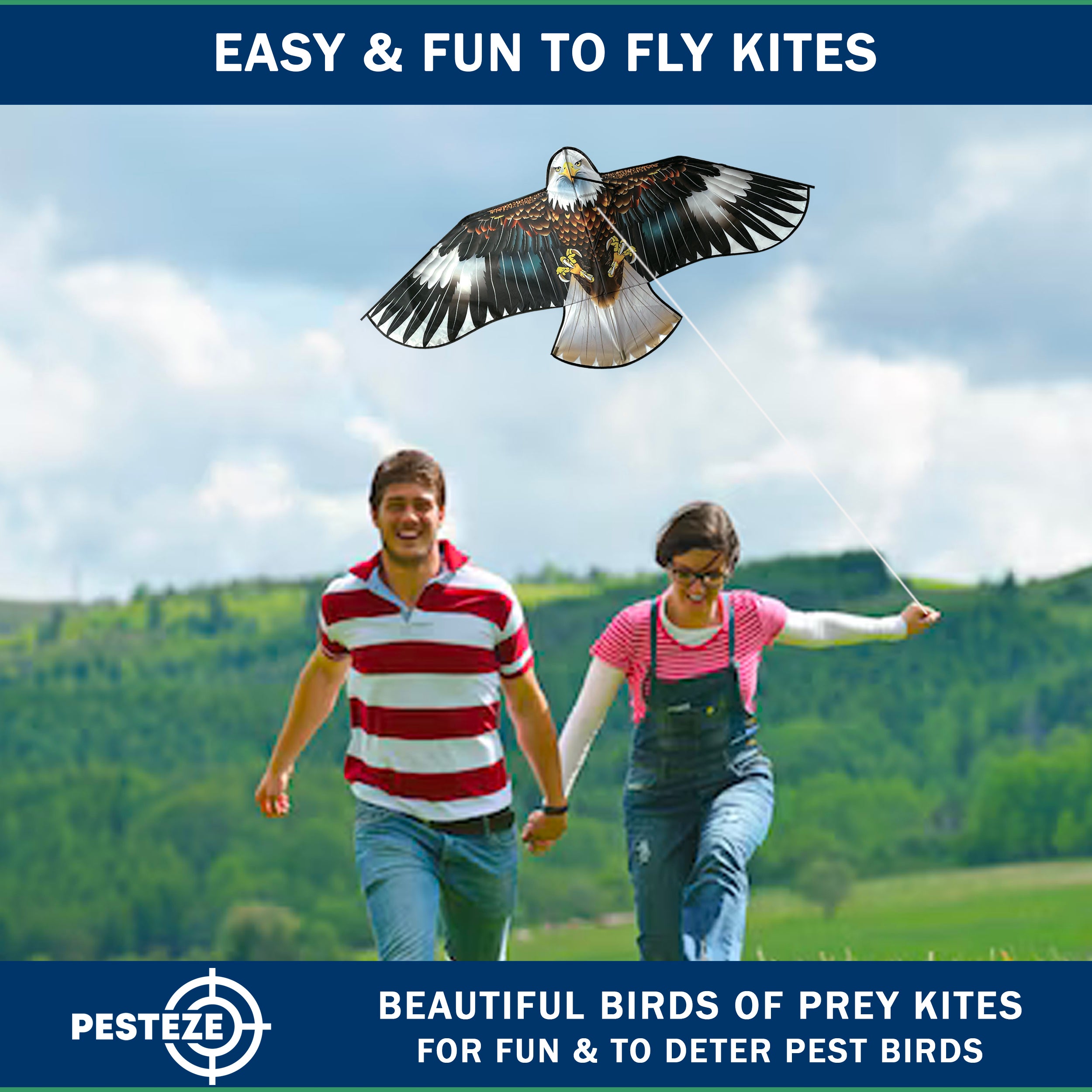 PESTEZE® USA Huge Blue Eagle [63x29 Inch]. EZ & Fun to Fly. Also provides Humane Bird Deterrence in Yards & Farms. Protects Vegetables, Fruits & Crops from Pest Birds & Critters