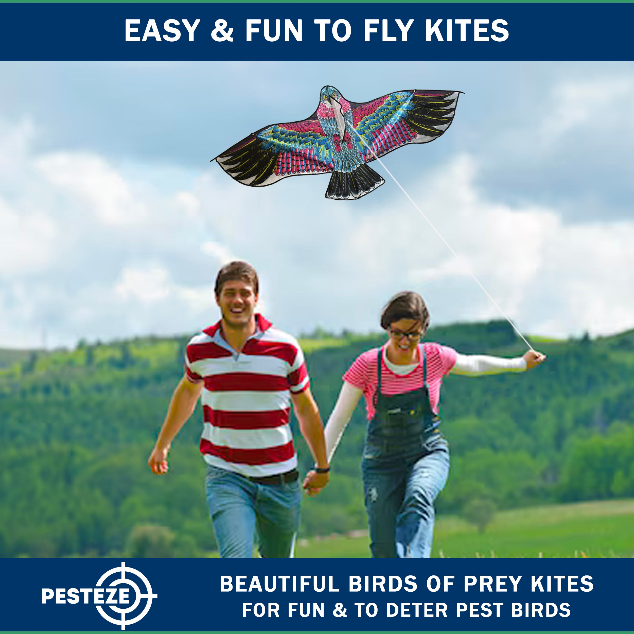PESTEZE® USA Huge Eagle Kite [2 Pack- 60x28 Inch]. EZ & Fun to Fly. Also provides Humane Bird Deterrence in Yards & Farms. Protects Vegetables, Fruits & Crops from Pest Birds