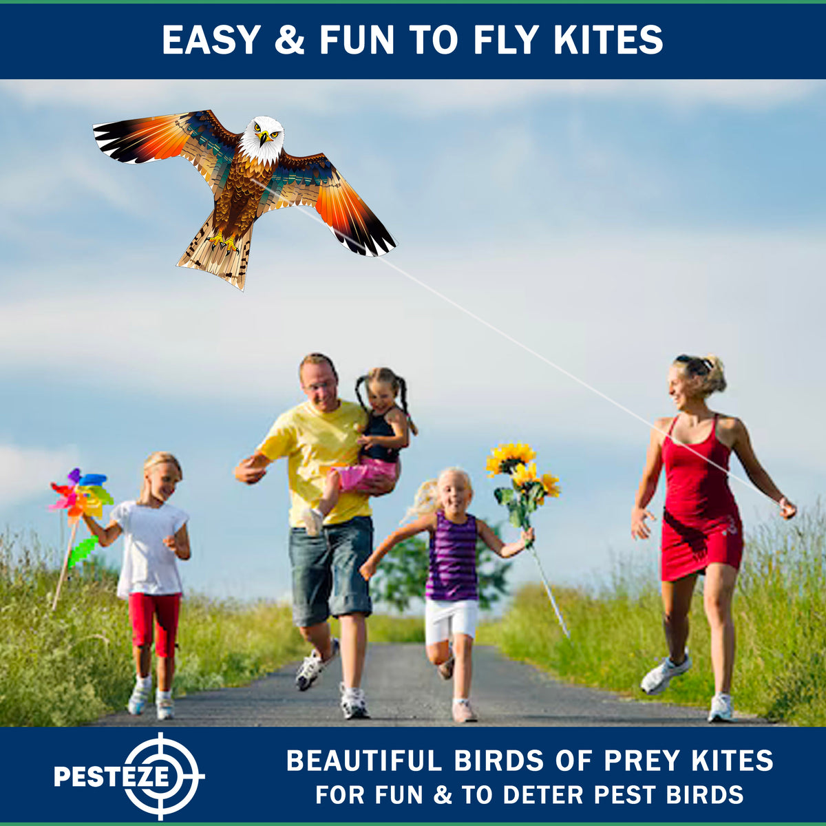 PESTEZE® USA Brown Eagle EZ to Fly Kite with String for Beach, Park & Yard. Also Bird Deterrent to Protect Garden & Crops from Pest Birds