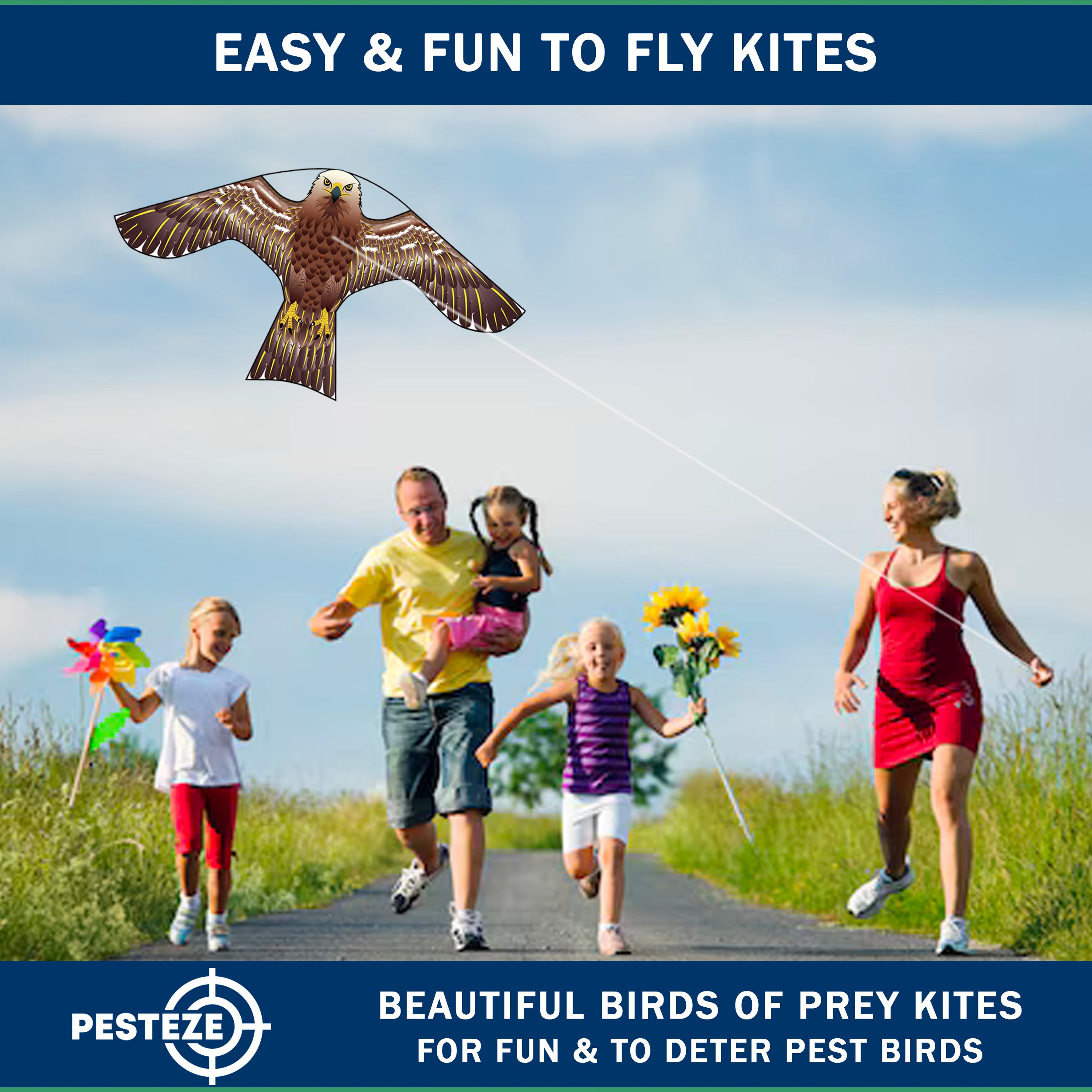 PESTEZE® USA Hawk Kite [2 Pack - 47x27 Inch Kite]. EZ and Fun to Fly. Also Provides Humane Bird Deterrence in Yards & Farms. Protects Vegetables, Fruits & Crops from Pest Birds