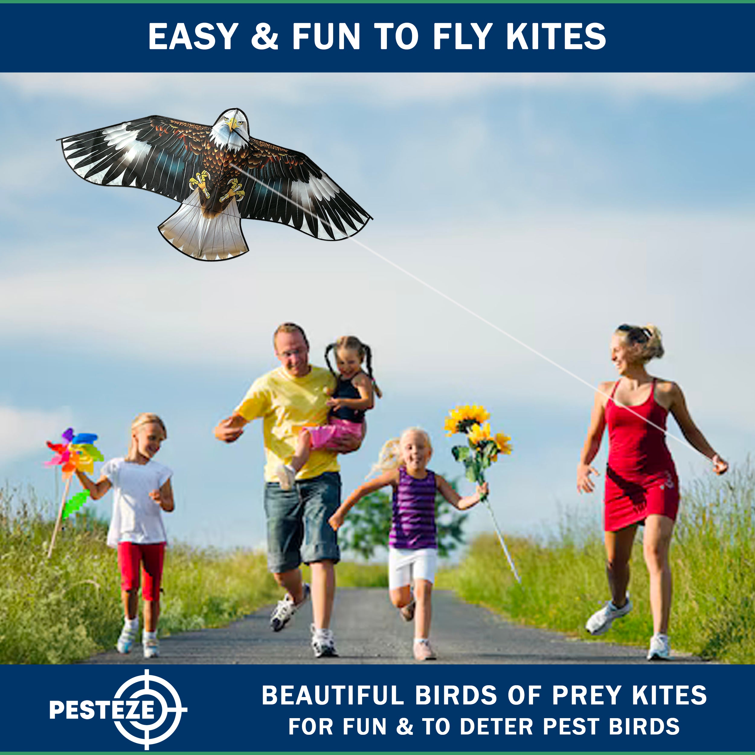PESTEZE® USA Huge Blue Eagle [63x29 Inch]. EZ & Fun to Fly. Also provides Humane Bird Deterrence in Yards & Farms. Protects Vegetables, Fruits & Crops from Pest Birds & Critters