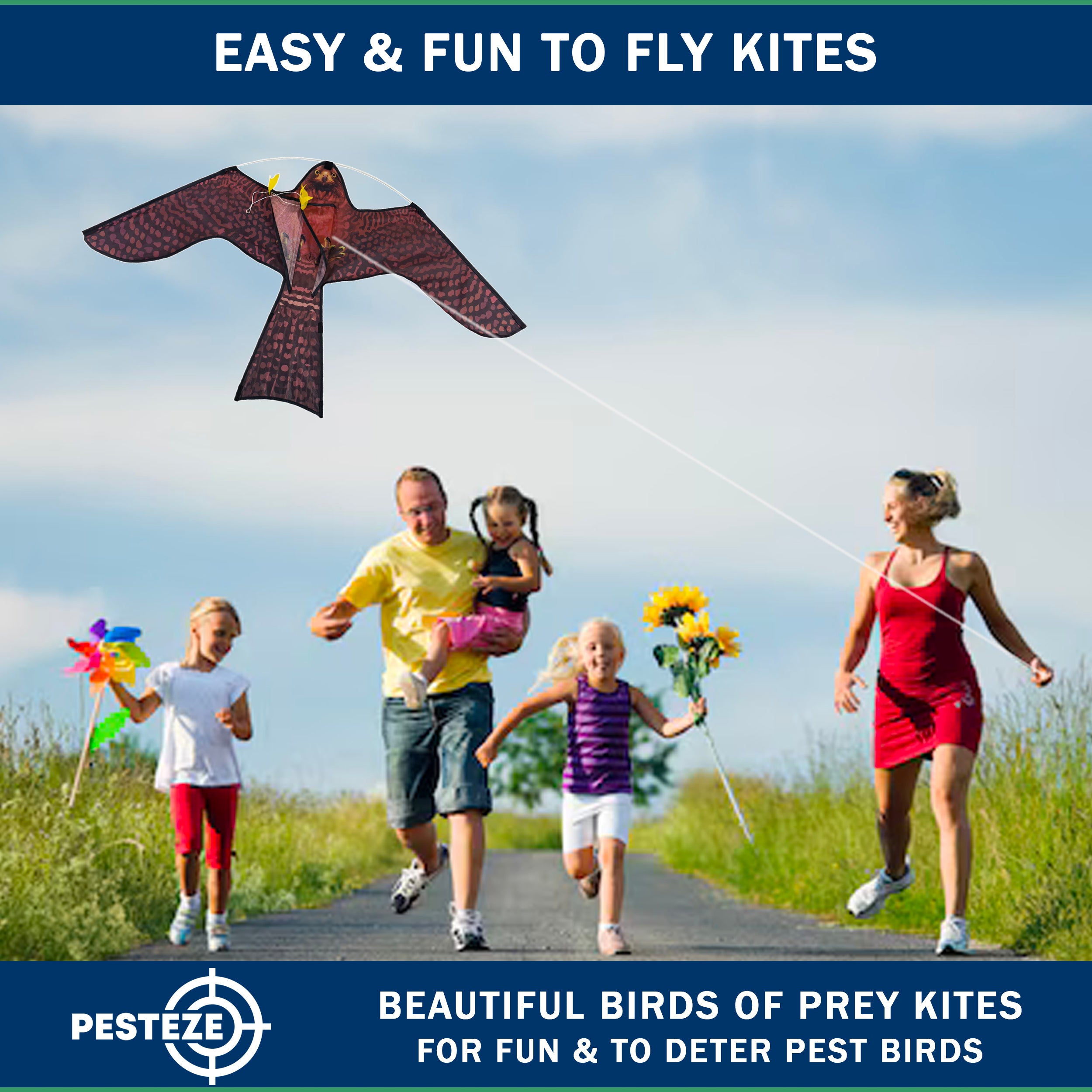 PESTEZE® USA Realistic Hawk Kite [47x27 Inch] EZ & Fun to Fly. Also Provides Humane Bird Deterrence in Yards & Farms. Protects Vegetables, Fruits & Crops from Pest Birds & Critters