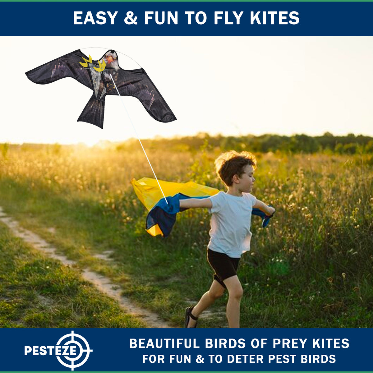 PESTEZE® USA Premium Realistic Eagle Kite with String- 47x27 Inch. EZ & Fun to Fly. Provides Humane Pest Bird Deterrence in Yards & Farms. Protects Vegetables, Fruits & Crops