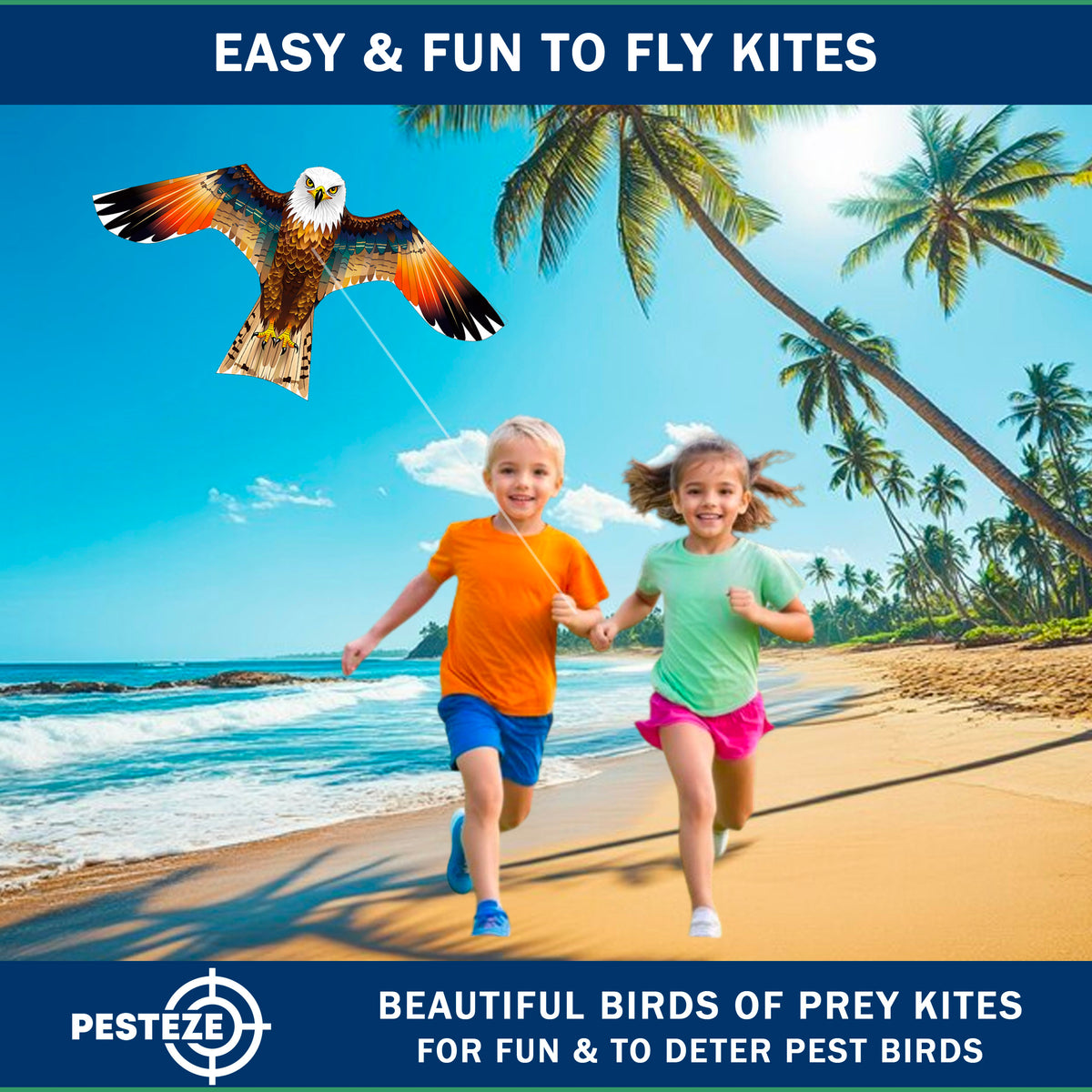 PESTEZE® USA Brown Eagle EZ to Fly Kite with String for Beach, Park & Yard. Also Bird Deterrent to Protect Garden & Crops from Pest Birds