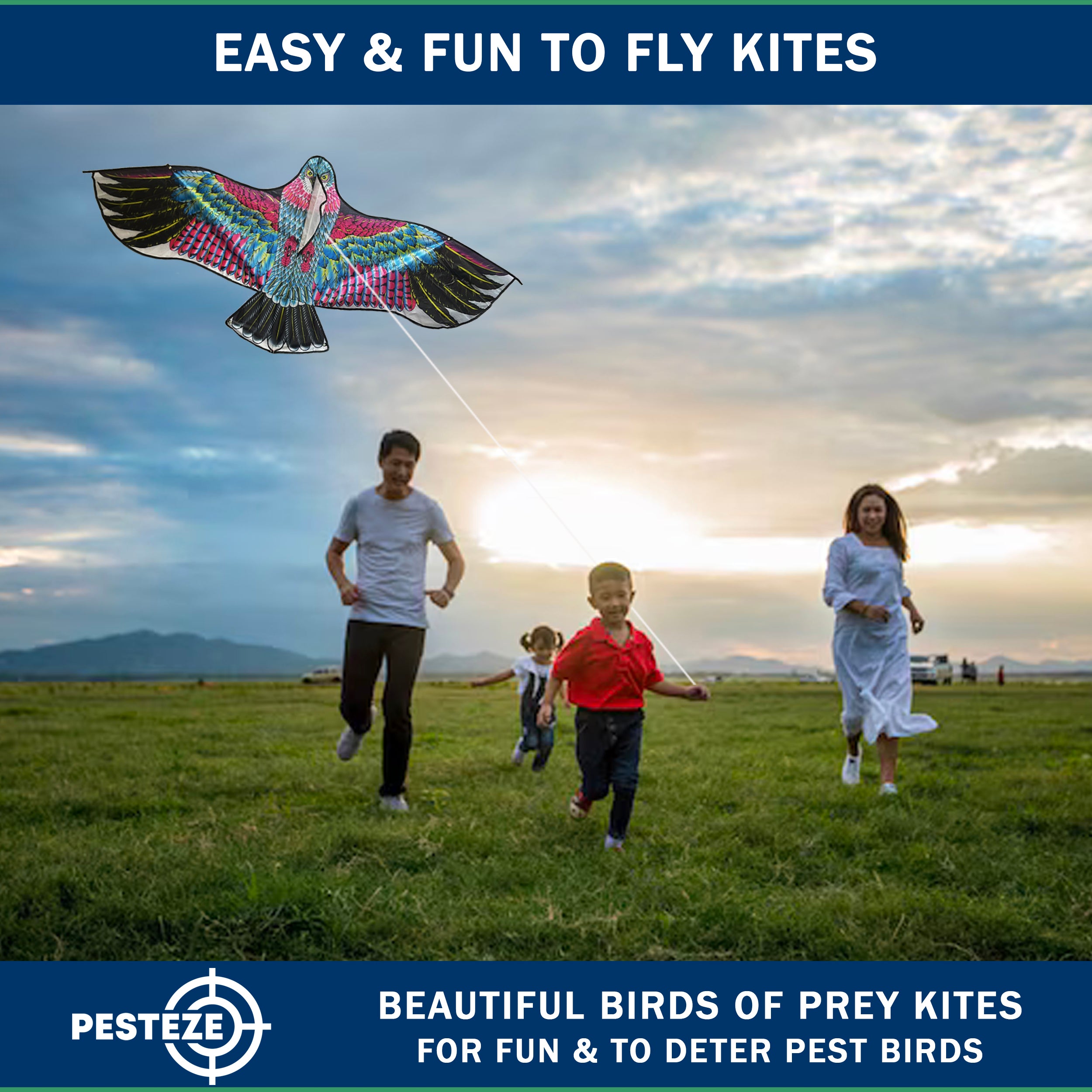 PESTEZE® USA Huge Eagle Kite [2 Pack- 60x28 Inch]. EZ & Fun to Fly. Also provides Humane Bird Deterrence in Yards & Farms. Protects Vegetables, Fruits & Crops from Pest Birds