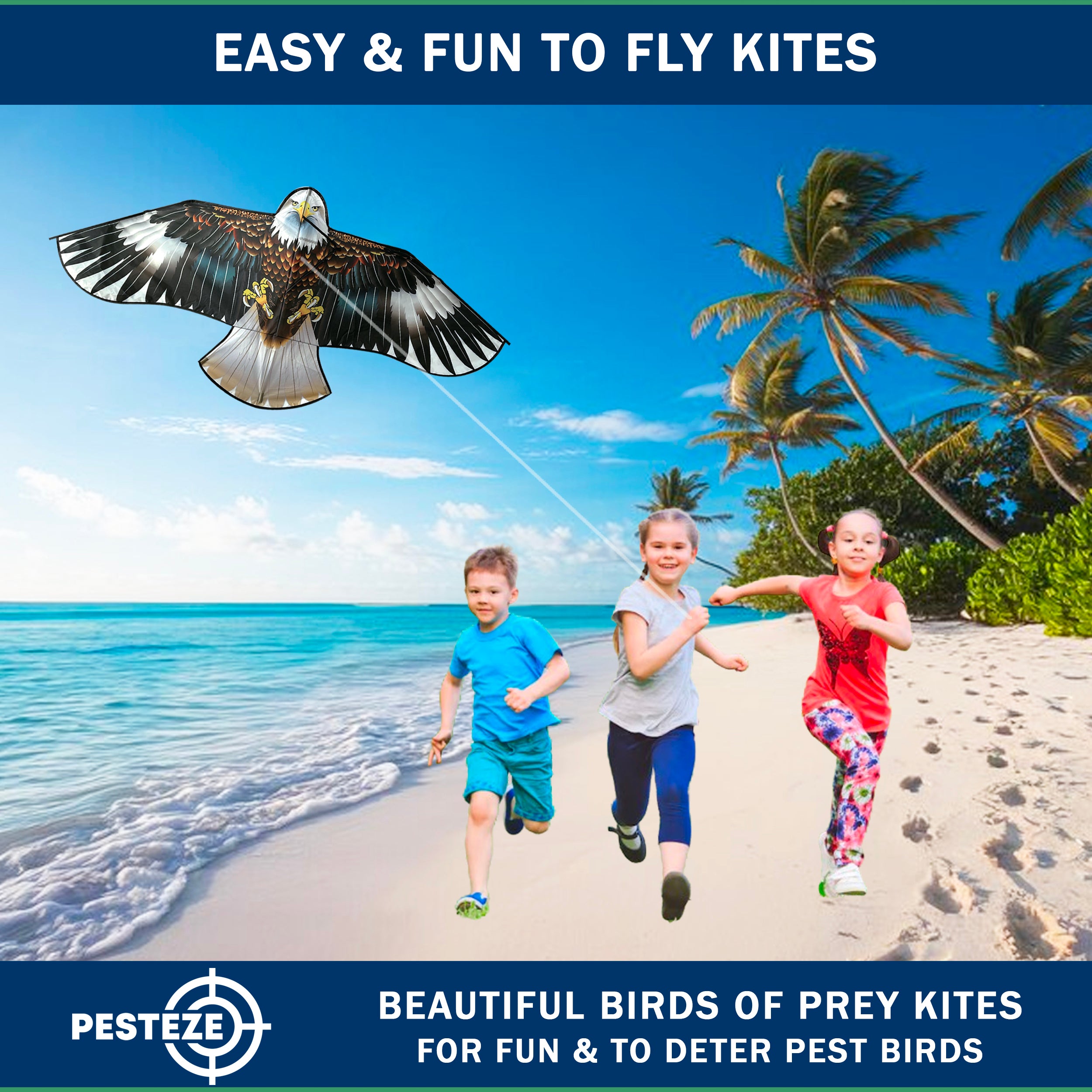 PESTEZE® USA Huge Blue Eagle Kite [2 Pack - 63x29 Inch]. EZ & Fun to Fly. Provides Humane Bird Deterrence in Yards & Farms. Protects Vegetables, Fruits & Crops from Pest Birds