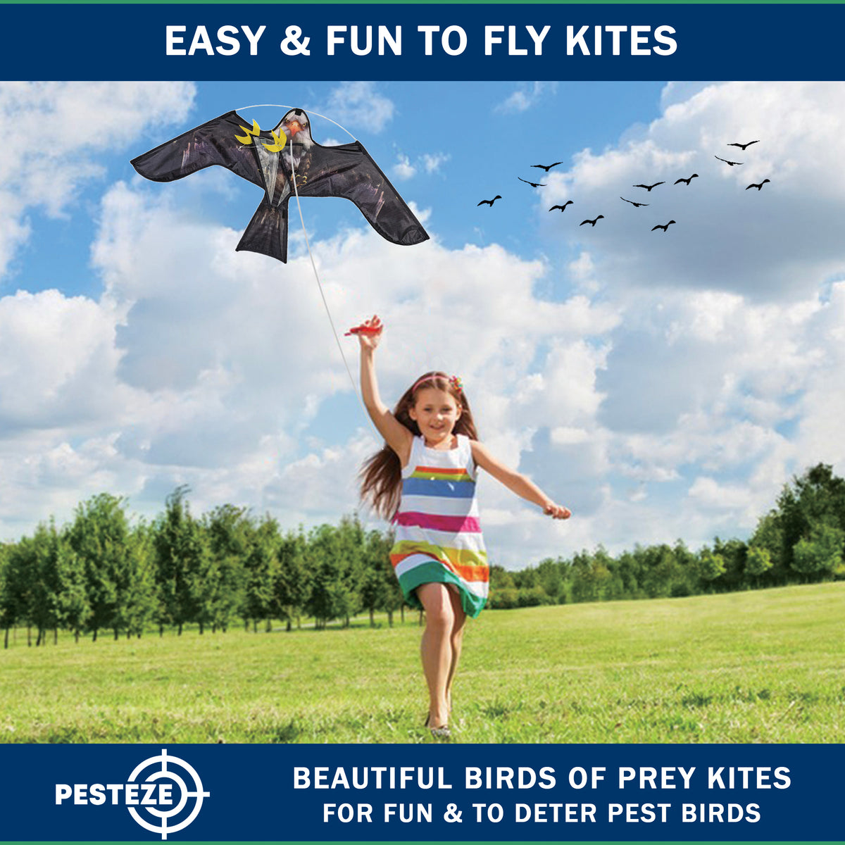 PESTEZE® USA Premium Realistic Eagle Kite with String- 47x27 Inch. EZ & Fun to Fly. Provides Humane Pest Bird Deterrence in Yards & Farms. Protects Vegetables, Fruits & Crops