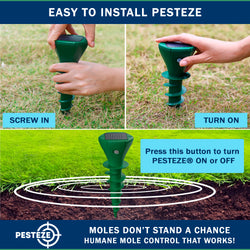 2 Pack PESTEZE® Reusable Solar Mole, Snake, Gopher, Vole, Chipmunk, Groundhog & Woodchuck Repeller. Vibration Quietly & Humanely Deters Burrowing Rodents from Destroying Yard. Waterproof & EZ Install