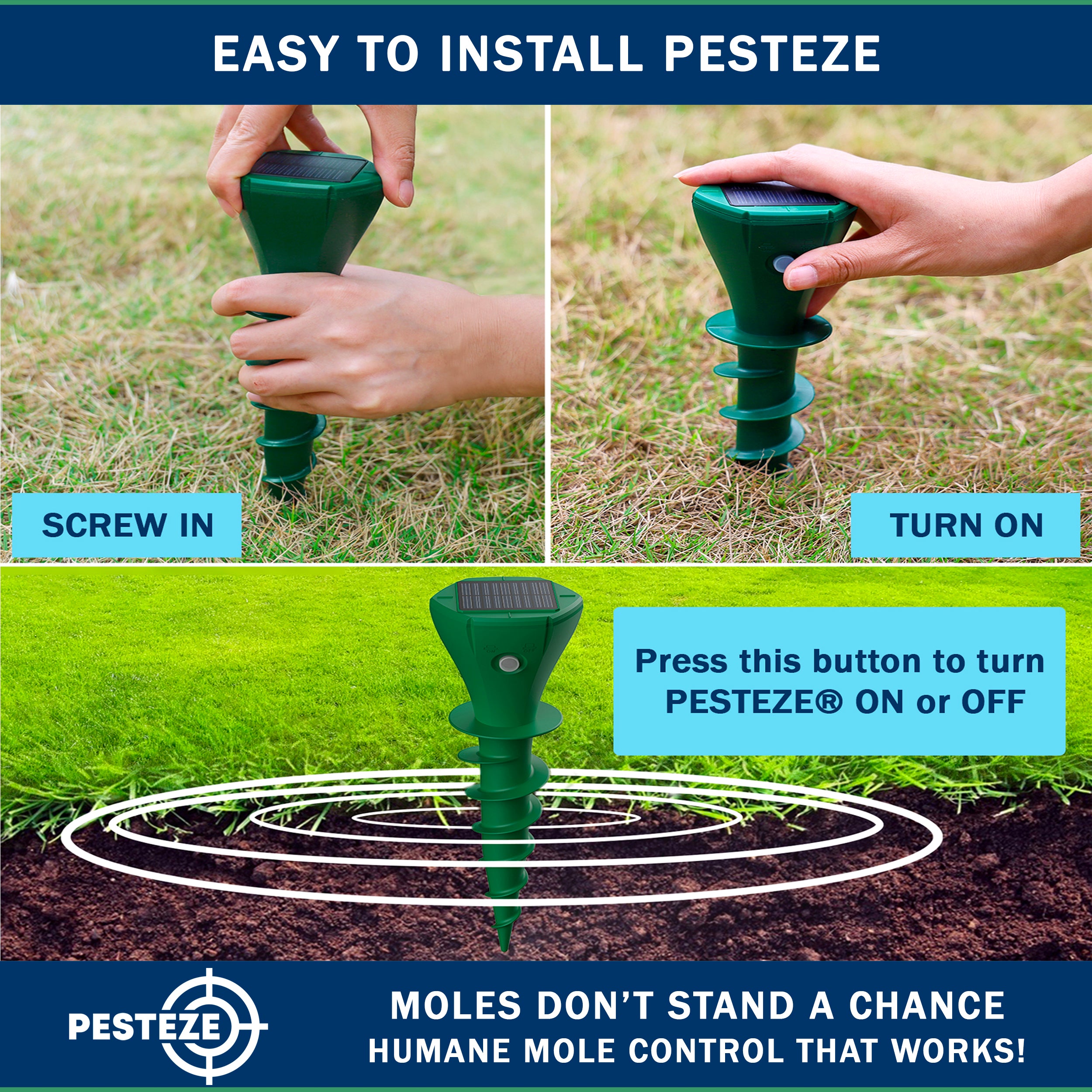 2 Pack PESTEZE® Reusable Solar Mole, Snake, Gopher, Vole, Chipmunk, Groundhog & Woodchuck Repeller. Vibration Quietly & Humanely Deters Burrowing Rodents from Destroying Yard. Waterproof & EZ Install