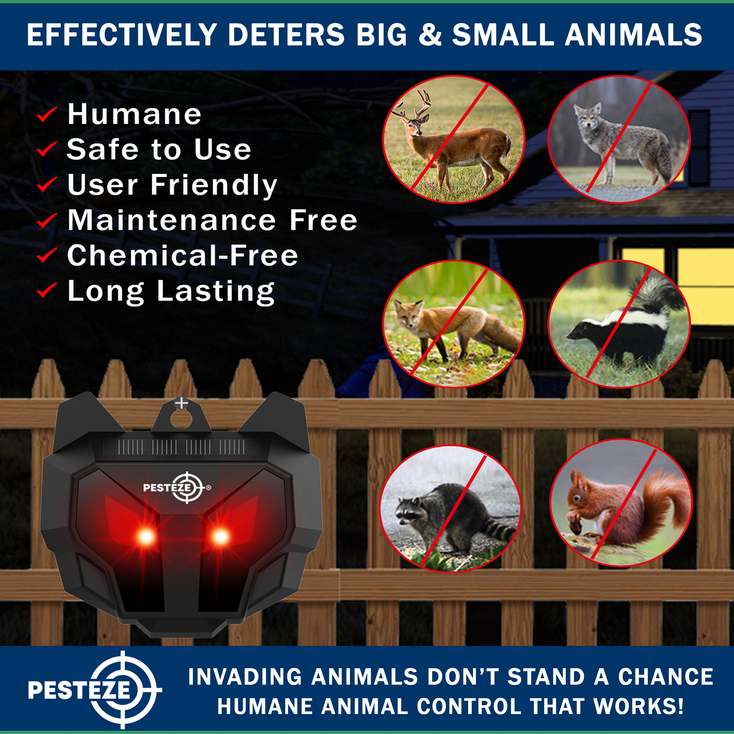 2 Pack PESTEZE® Reusable Solar Nocturnal Animal Repeller. Flickering Red Light Deters Unwanted Animals like Skunk, Deer, Coyote, Fox, Wolf, Rabbit, Raccoon & Birds to Protect Property & Livestock