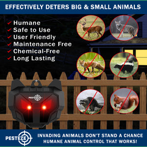 2 Pack PESTEZE® Reusable Solar Nocturnal Animal Repeller. Flickering Red Light Deters Unwanted Animals like Skunk, Deer, Coyote, Fox, Wolf, Rabbit, Raccoon & Birds to Protect Property & Livestock