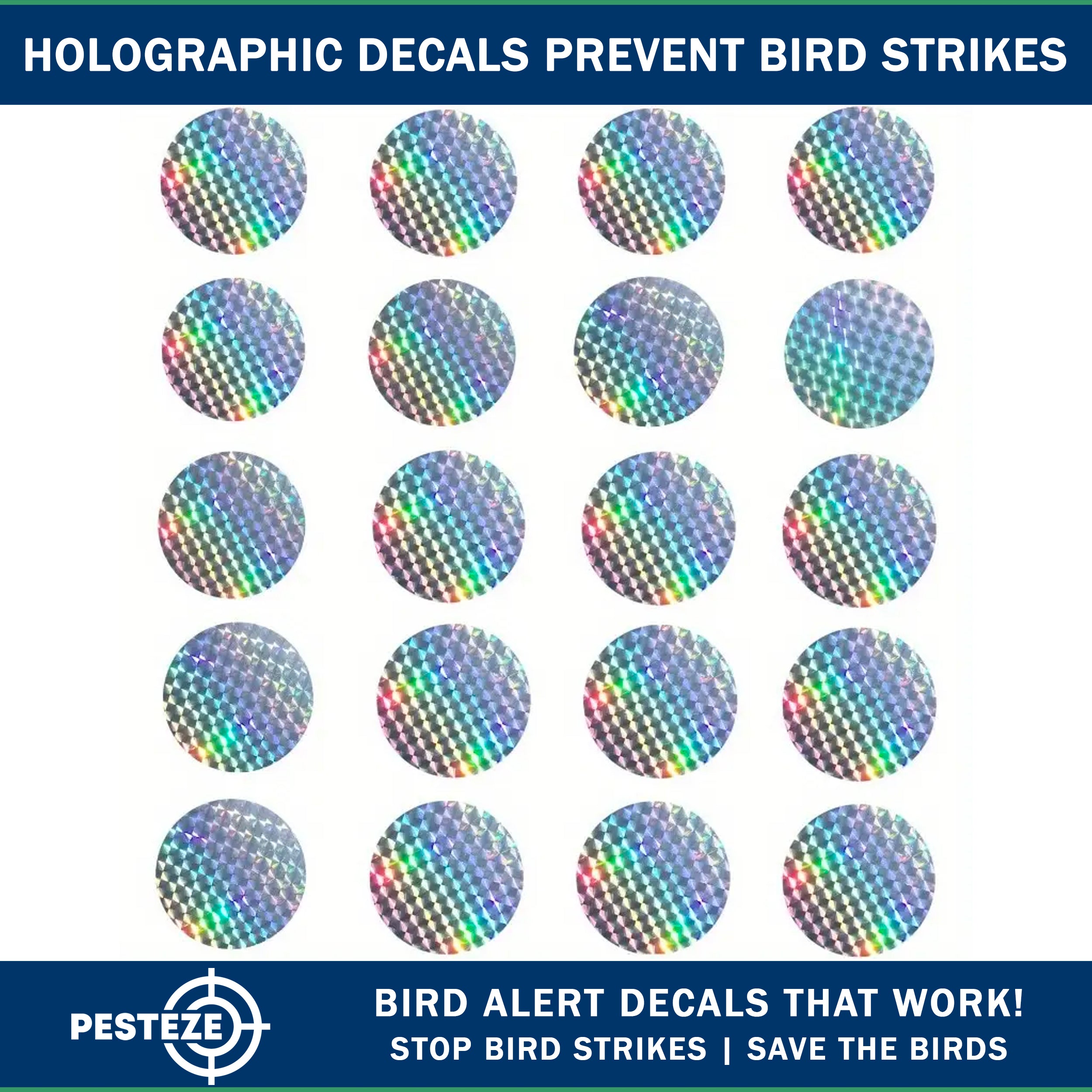 20 Pack PESTEZE® Shiny Holographic Bird Repellent Stickers [3 Inch] Reflection Scares Pest Birds like Woodpeckers, Sparrows, Pigeons, Crows, Gulls & Critters without Harming them