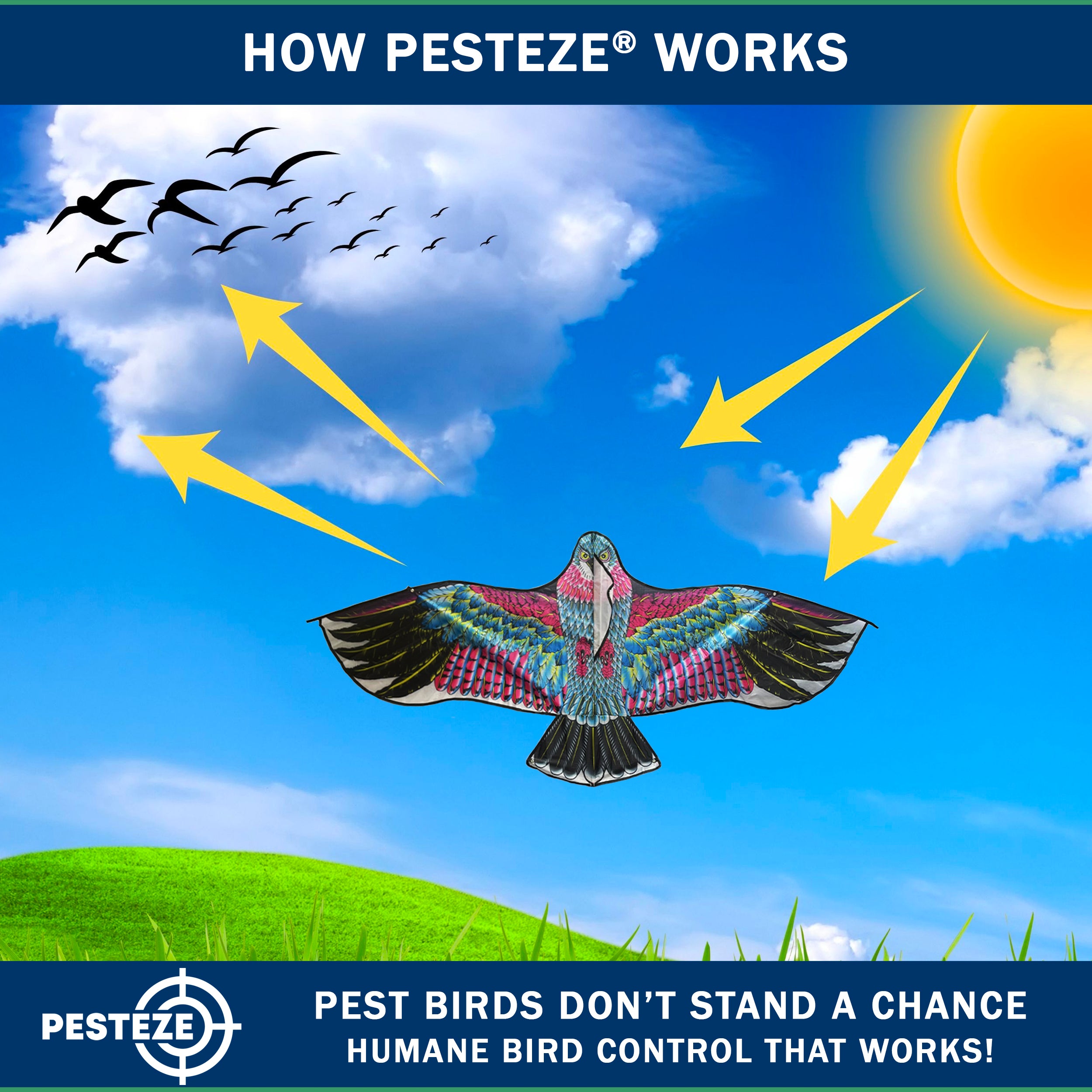 PESTEZE® USA Huge Red Eagle Kite [60x28 Inch Kite with 13 Ft Flagpole] Provides Humane Bird Deterrence in Yards & Farms. Protects Vegetables, Fruits & Crops from Pest Birds & Critters