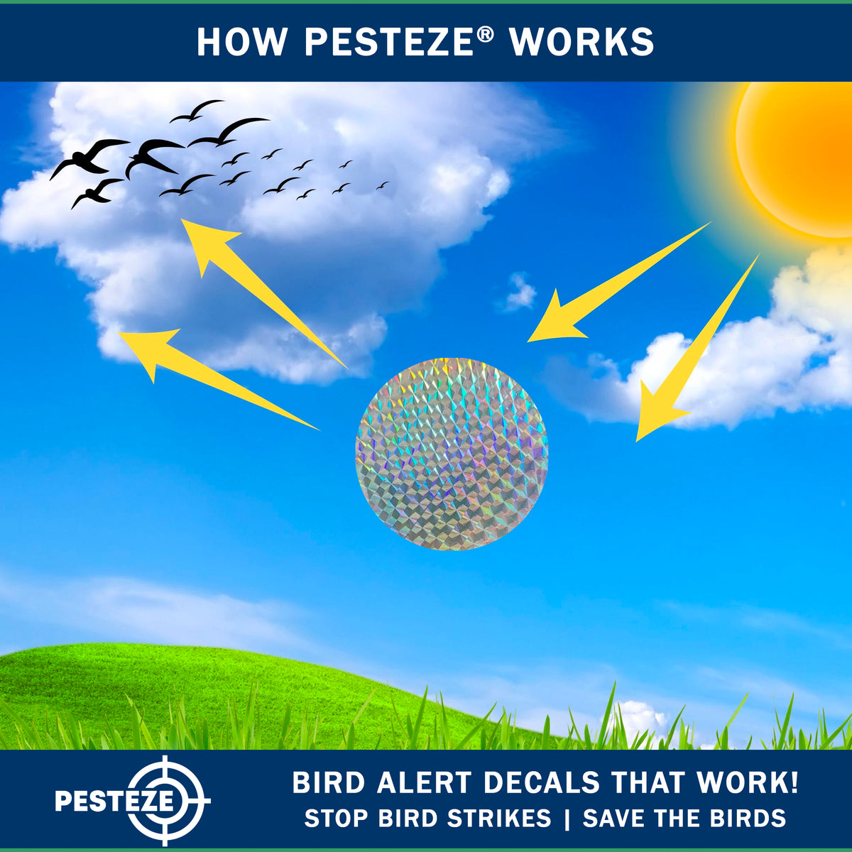 PESTEZE® USA Bird Deterrent Stickers 20 Pack – Premium Holographic Reflective Decals to Scare Birds Humanely, Protect Windows, Patios, Balconies & Gardens – Prevent Woodpecker, Pigeon & Sparrow Strikes