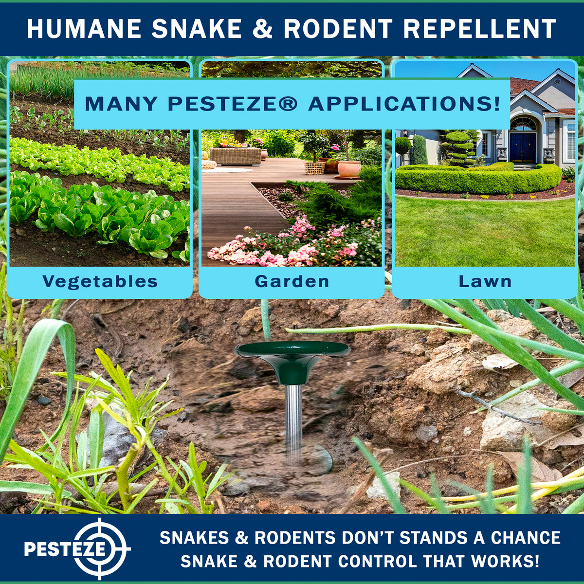 PESTEZE® Solar Snake & Rodent Sound Deterrent. Audible Sound Deters Snakes & Burrowing Rodents like Moles, Voles Gophers, Chipmunks, Groundhogs & Woodchucks from Destroying Gardens & Vegetables - Pesteze
