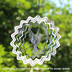 PESTEZE® Hummingbird Stainless Steel Highly Reflective Decorative 3D Wind Spinner for Deterring Unwanted Pest Birds & Critters. 5 X 8 Inch Premium Shiny, Beautiful, Long Lasting & Humane Bird Repellent