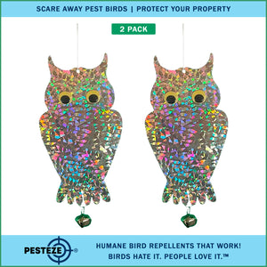 4 Pack PESTEZE® Shiny Holographic Owl Bird Repellent with Bell & Swivel [6 x 13.5 inch] Reflection Scares Pest Birds like Woodpeckers, Sparrows, Pigeons, Crows & Gulls without Harming them to Protect Property